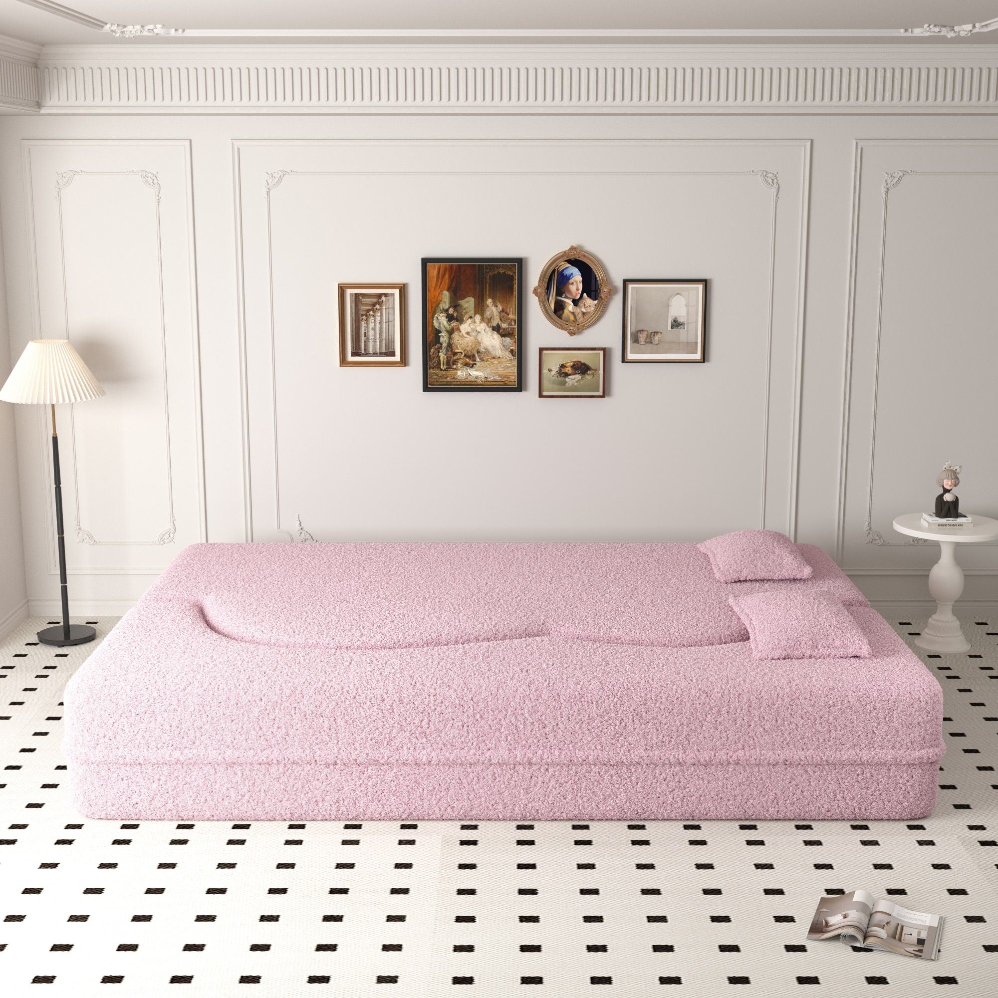 Modern Floor Sofa, With 2 Pillows, Convertible Teddy Fabric Foam Filled Bed
