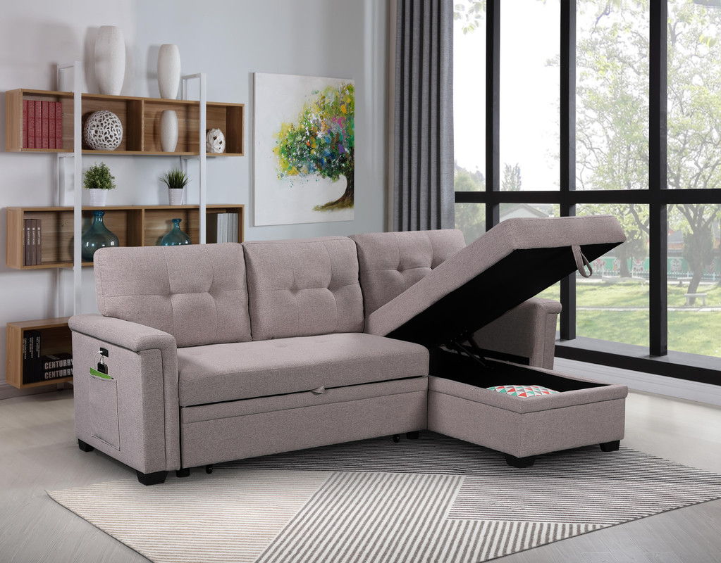 Ashlyn 84"W Light Gray Reversible Sleeper Sectional Sofa with Storage Chaise, USB Charging Ports and Pocket