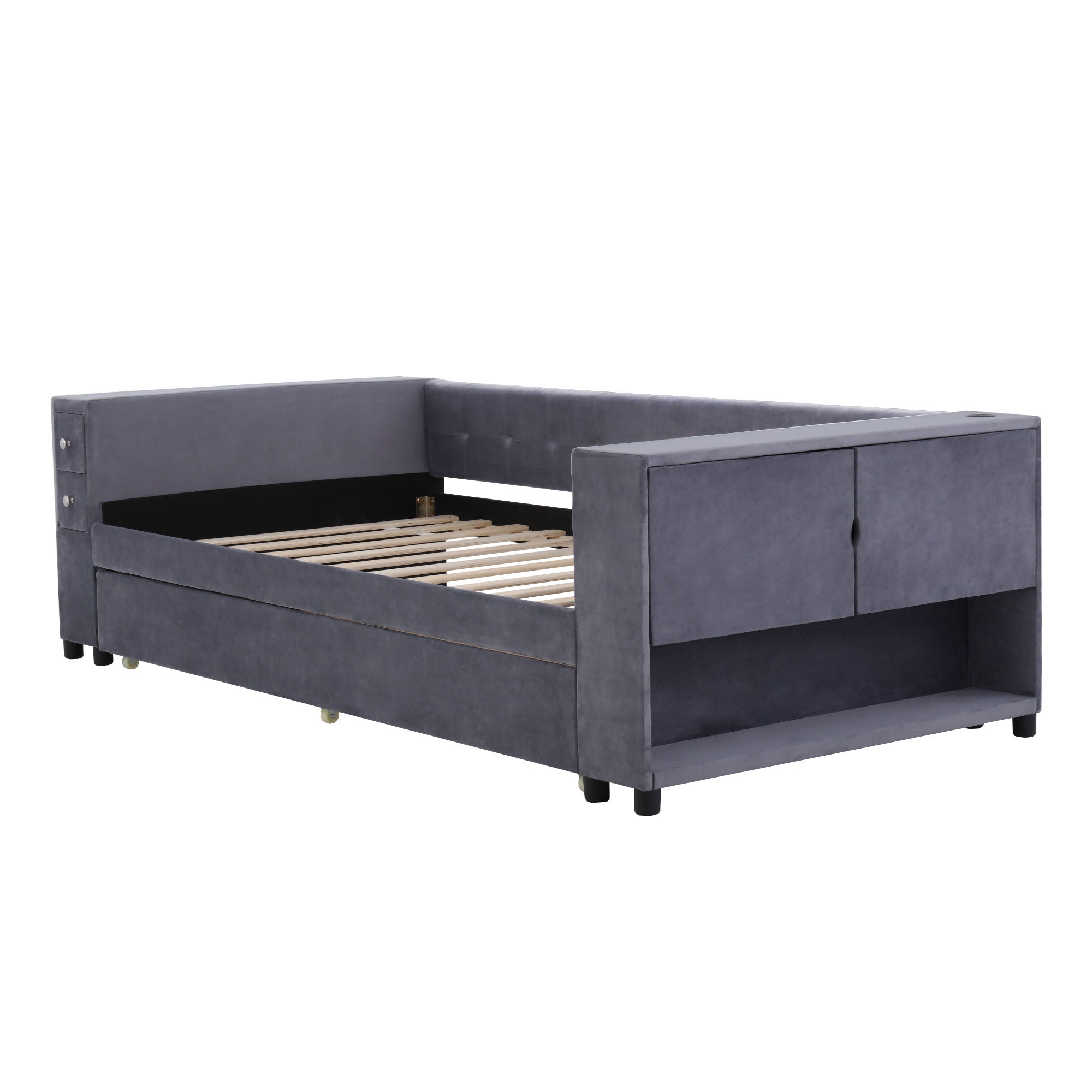 Upholstered Bed With Storage And Twin Trundle, USB Charging Ports