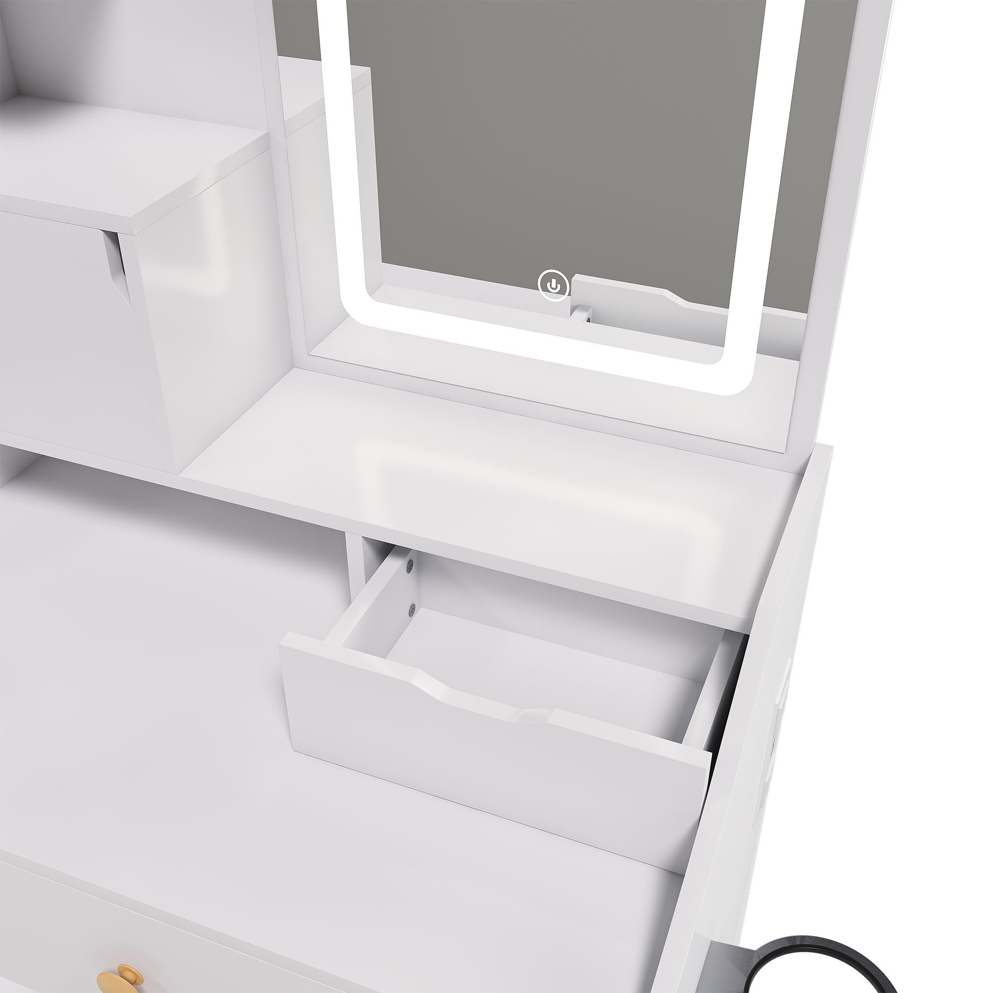 3 Color LED Vanity Mirror With Stool, Dressing Table For Bedroom, 2 Drawers & 5 Storage Cabinets (4 Open + 1 Hidden), Adjustable Lighting - White