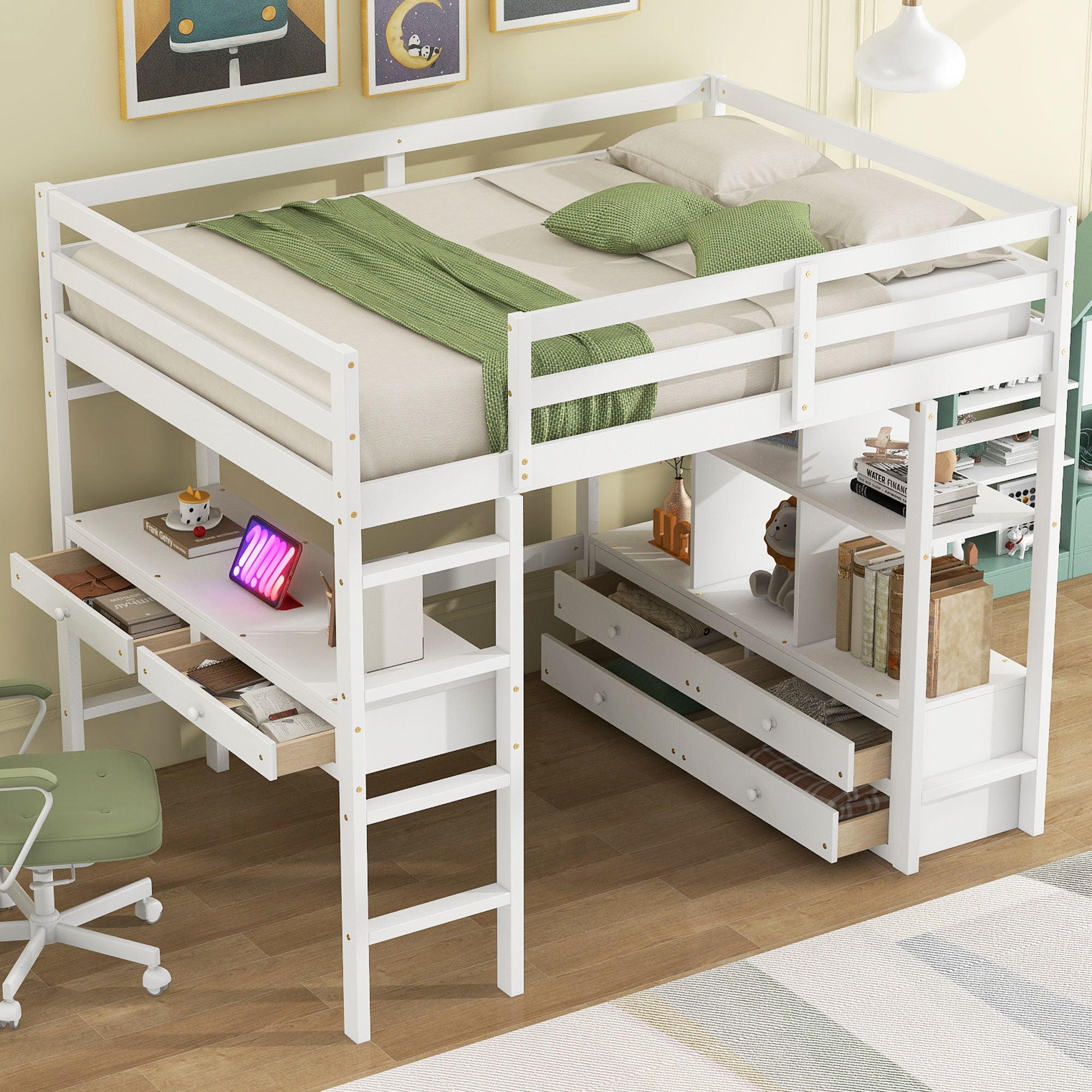 Full Size Loft Bed With Built In Desk, 2 Drawers, Storage Shelves - White