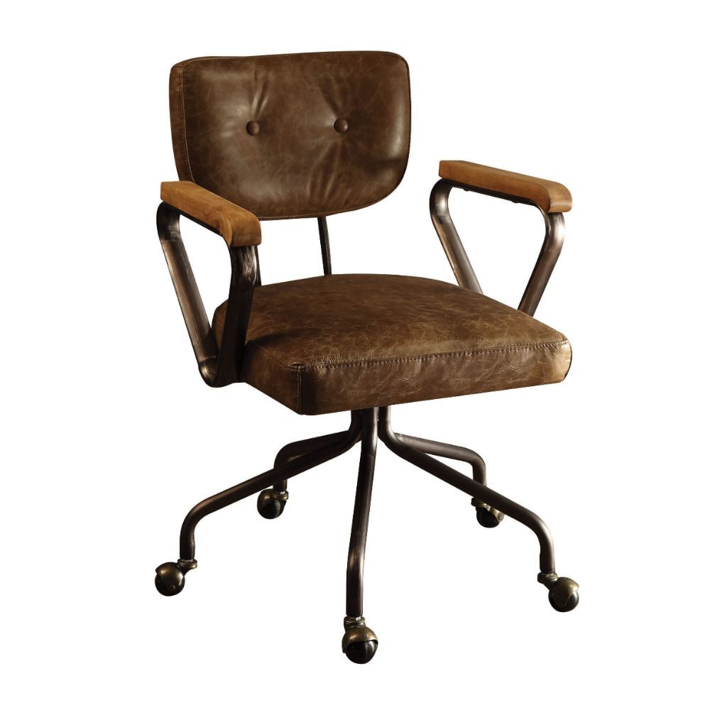 ACME Our durable Hallie office chair gets its industrial look from oversized button tufted back and vintage top grain leather. The 5-star swivel base fitted with casters, it keeps you moving from one task to the next. Some Assembly Required. | Meri Furnit