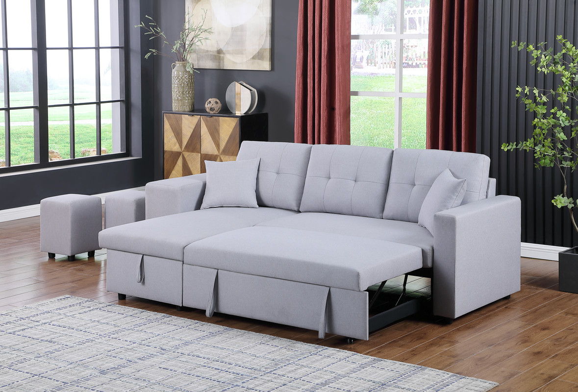 Dennis 93"W Light Gray Linen Fabric Reversible Sleeper Sectional with Storage Chaise and 2 Stools