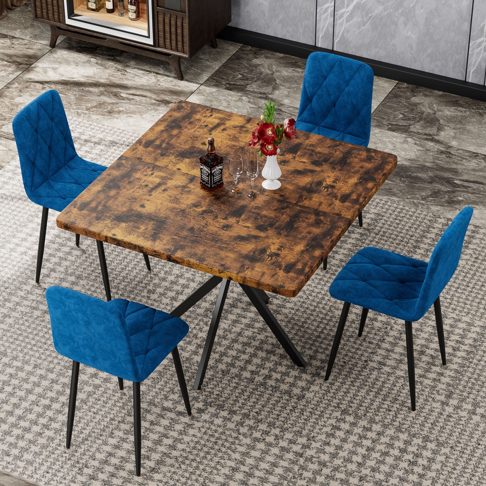 Mid Century Modern Square Dining Table Set With Faux Marble Tabletop And Iron Legs For 4, Space Saving Design - Brown / Blue