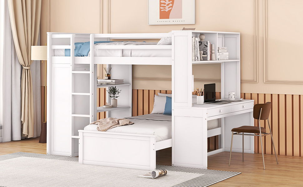 Loft Bed With A Twin Size Standalone Bed, Shelves, Desk, And Wardrobe