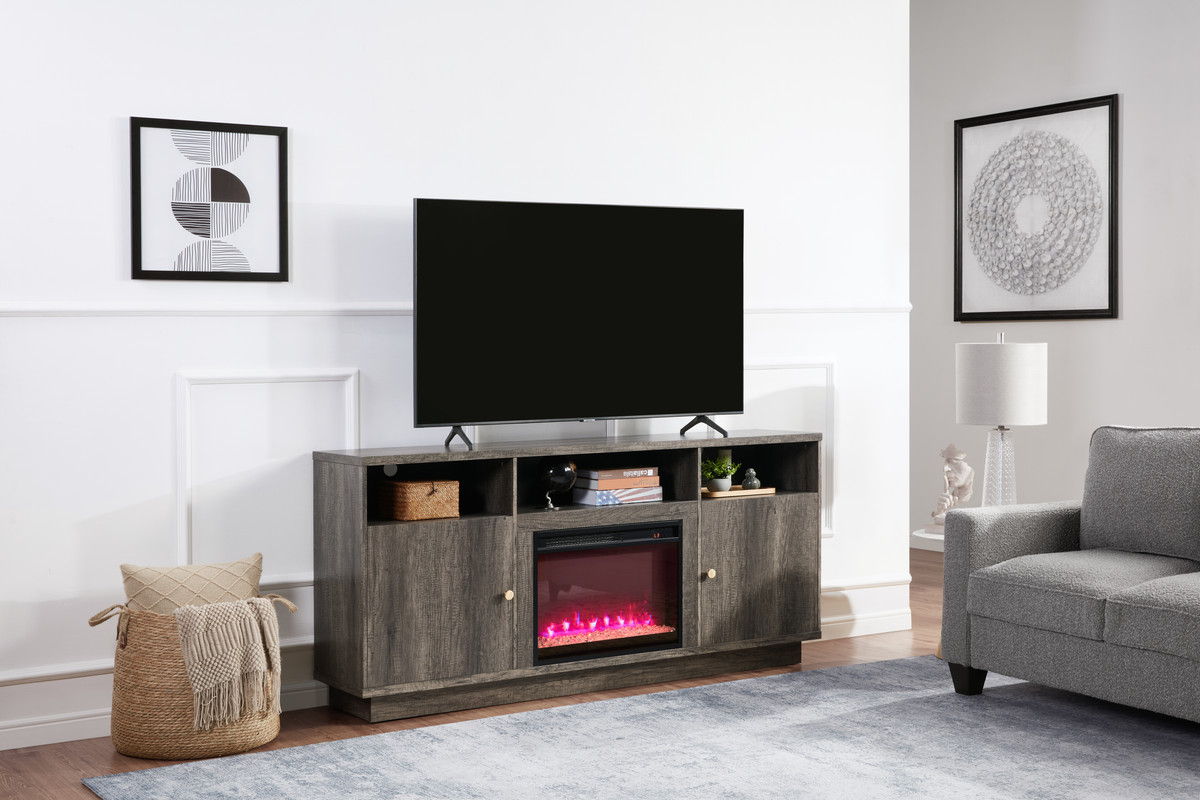 Ambrose 70"W Gray Walnut Finish Fireplace TV Stand Console with Heater, LED Light, Cabinets, Shelves