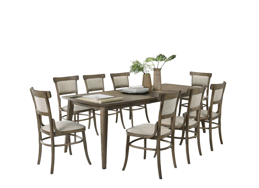 Bistro 88" Vintage Walnut 9 Piece Dining Table with Extension Leaf and Off White Fabric Dining Chairs