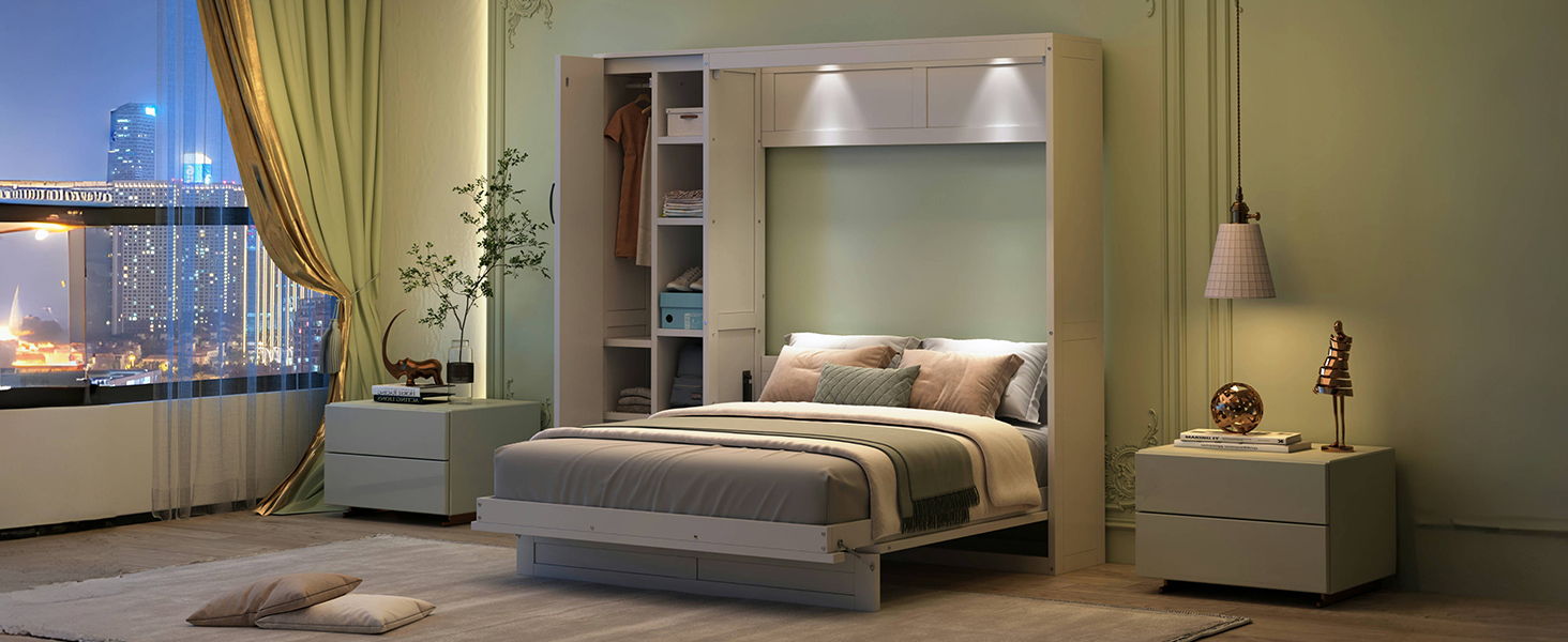 Murphy Wall Bed With Shelves, Wardrobe And LED Lights
