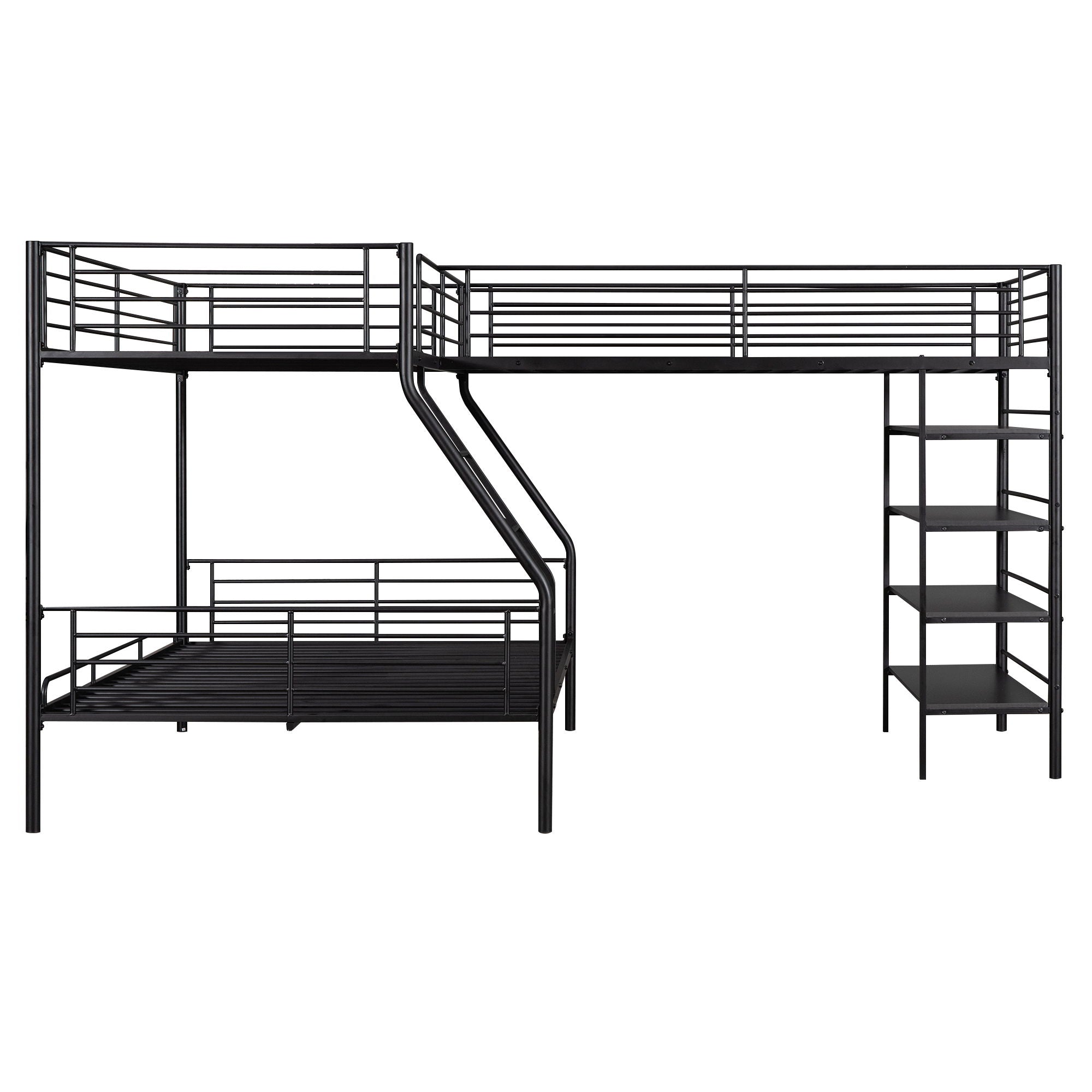 L-Shaped Twin Over Full Bunk Bed And Twin Loft Bed With 4 Built In Shelves - Black