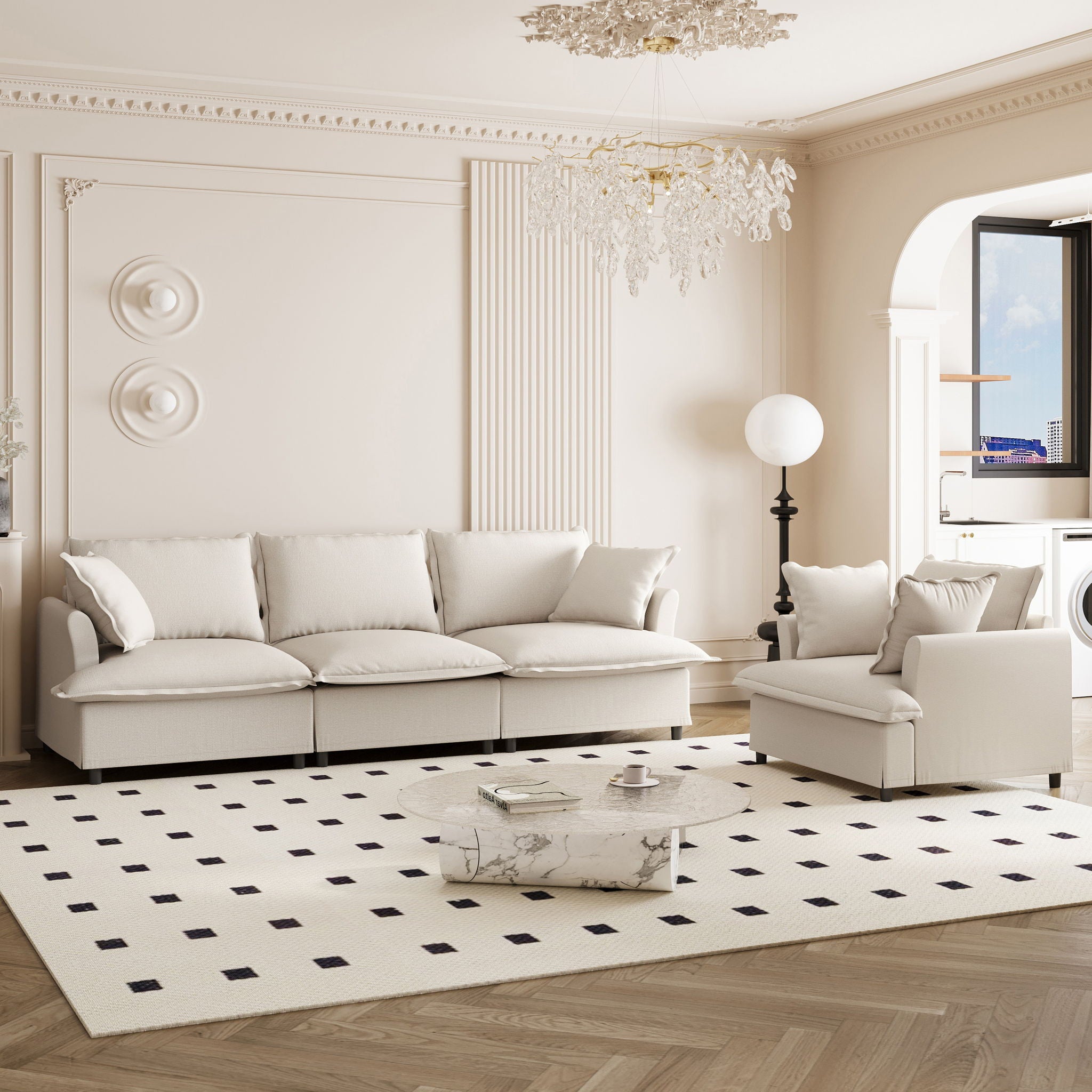 Living Room Set Modular Sectional Couch, Upholstered Sofa & Armchair & Movable Ottoman