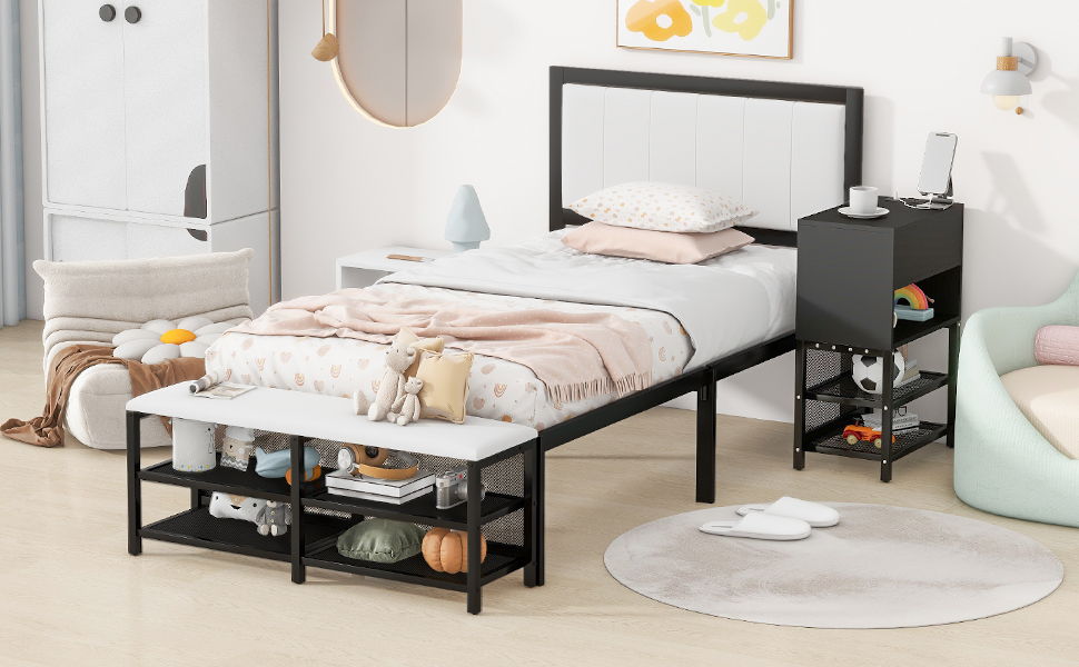 Platform Bed With 2 Tier Storage Shelves, Storage Cabinet