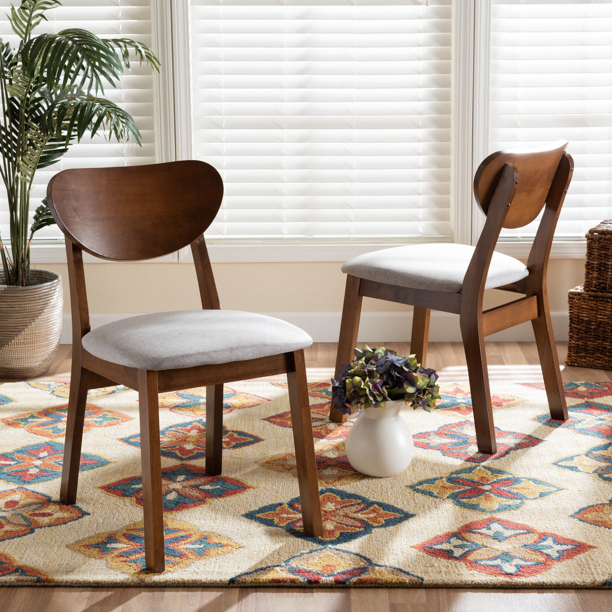 Damara Mid-Century Modern Grey Fabric Upholstered and Walnut Brown Finished Wood 2-Piece Dining Chair Set