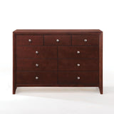 This Ilana contemporary 9 drawers dresser is brown cherry finish with English dovetail with center metal glides. The clean finish top is easy to wipe. The knob hardware accentuates nine drawers that offer much convenience for use.