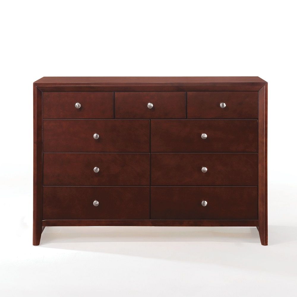 ACME This Ilana contemporary 9 drawers dresser is brown cherry finish with English dovetail with center metal glides. The clean finish top is easy to wipe. The knob hardware accentuates nine drawers that offer much convenience for use. | Meri Furniture