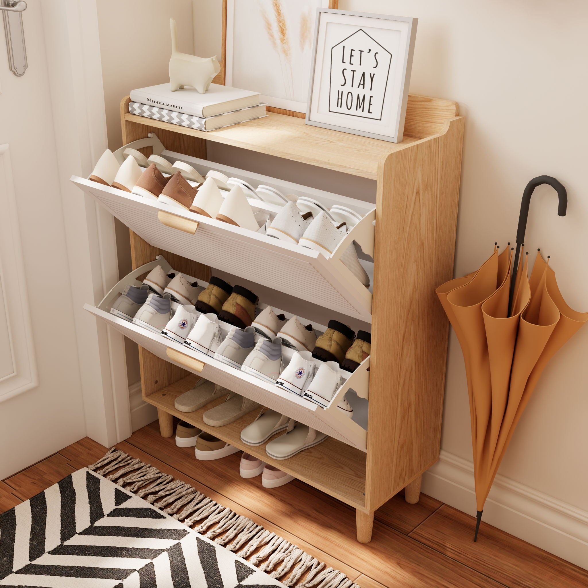 Shoe Storage Cabinet With 2 Flip Drawers, Compact Entryway Organizer - Natural / White