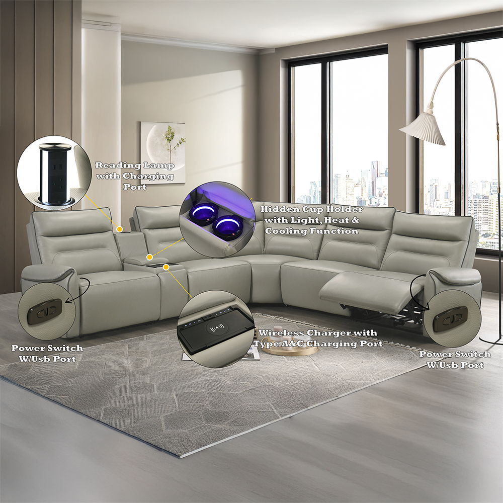 Jayke - Power Motion Sectional Sofa - Light Gray Top Grain Leather Match