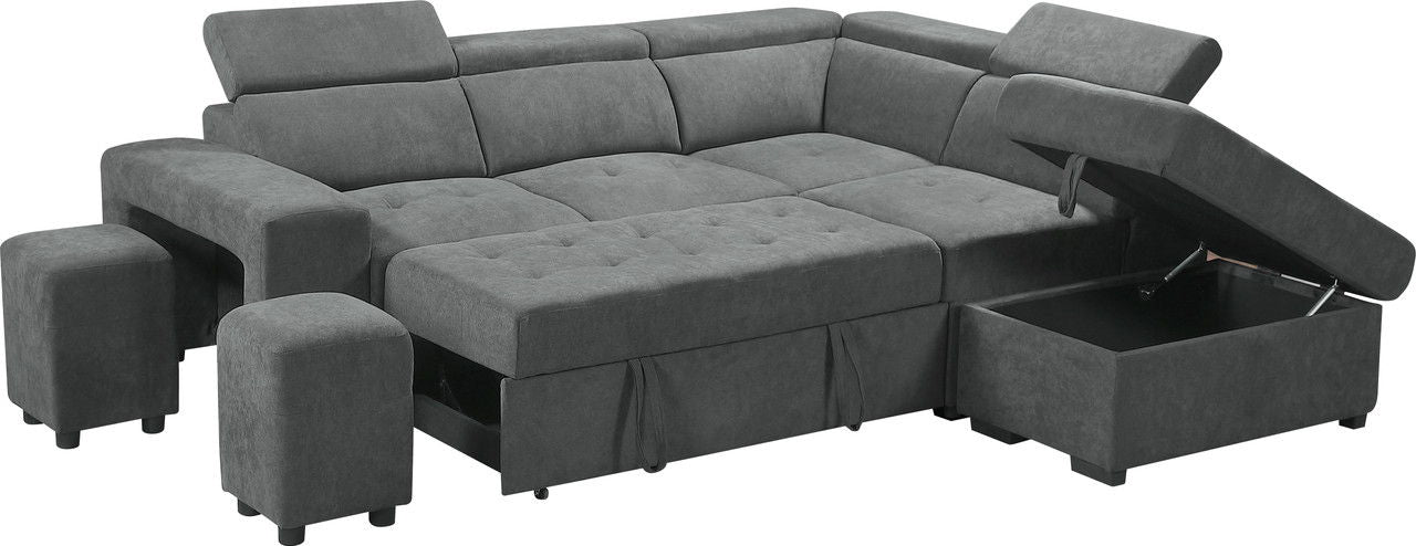 Henrik 97"W Light Gray Sleeper Sectional Sofa with Storage Ottoman and 2 Stools