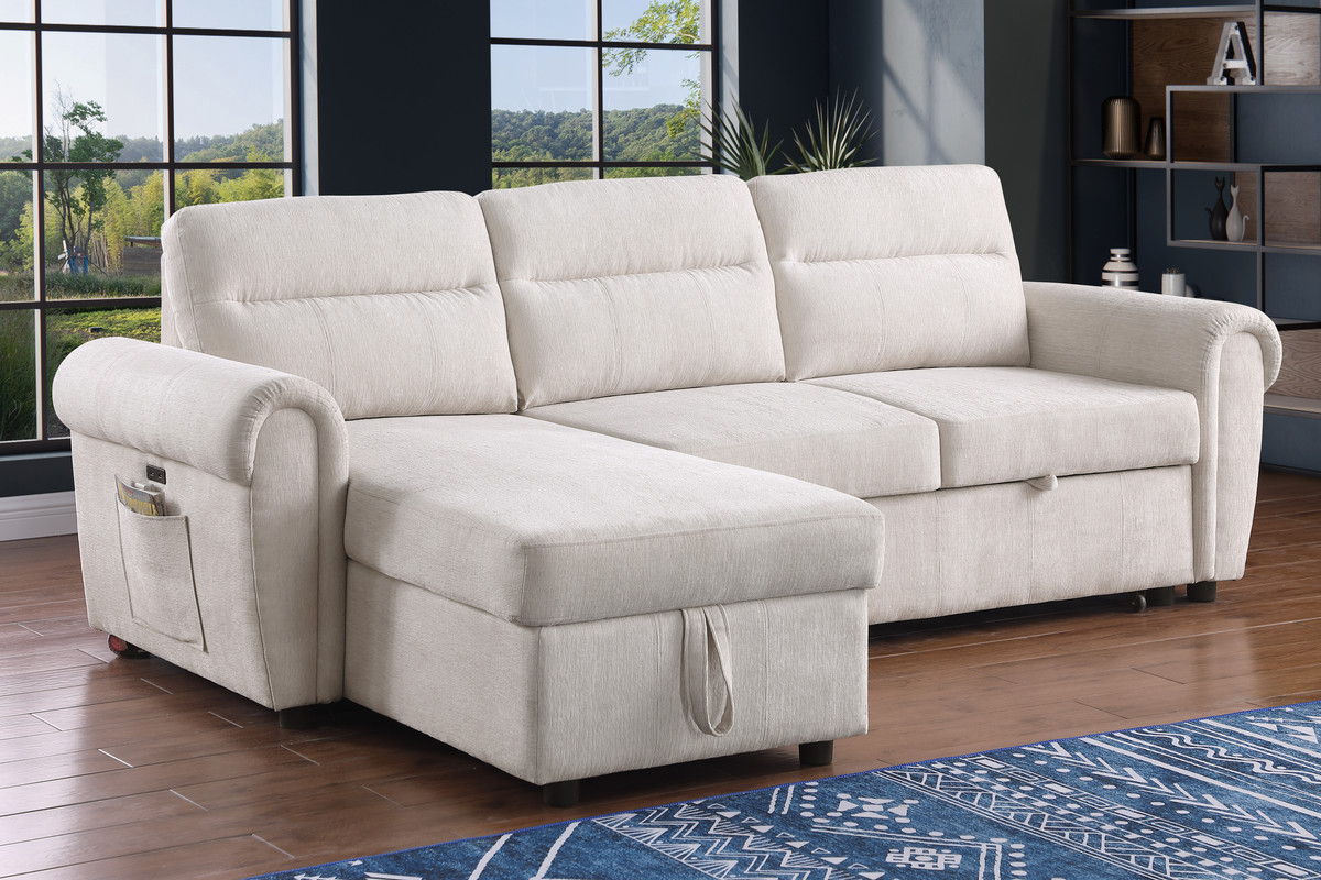 Hugo 97"W Beige Chenille Reversible Sleeper Sectional Sofa Chaise with USB Charger, Phone/Magazine Pockets