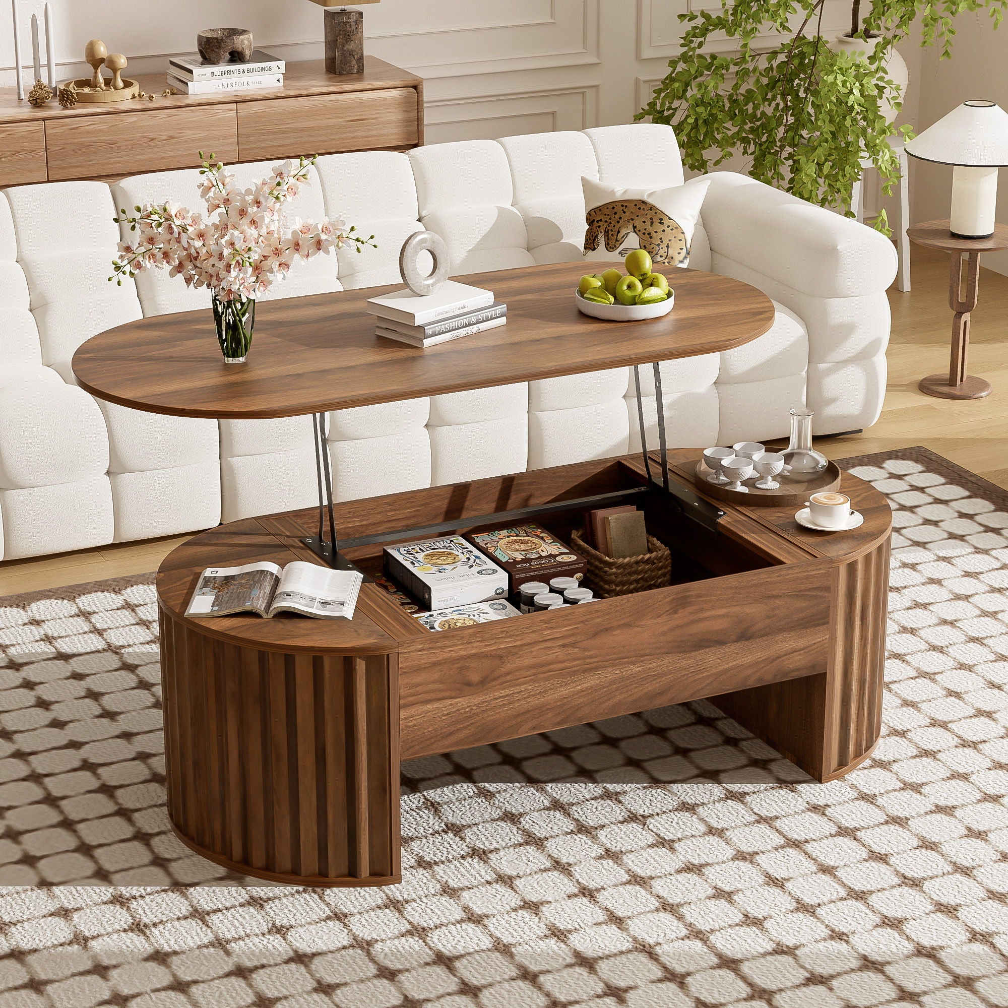 Lift Top Coffee Table With Hidden Compartment, Modern Oval Lift Tabletop For Home Living Room