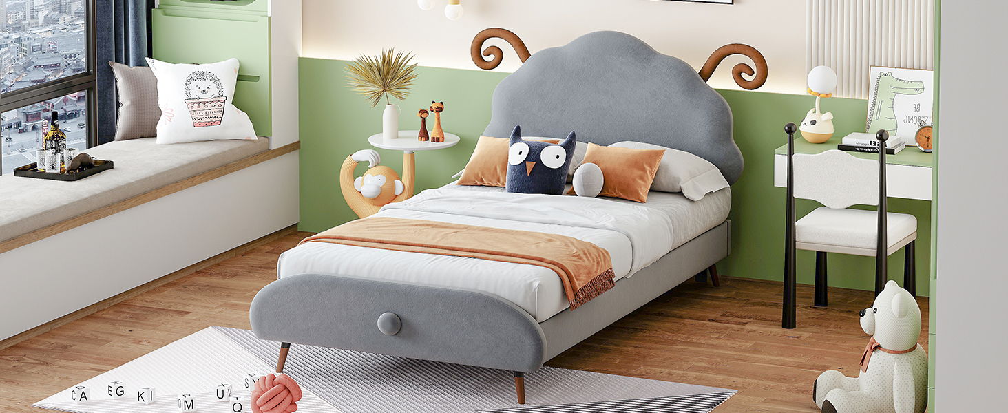 Upholstered Platform Bed With Sheep Shaped Headboard