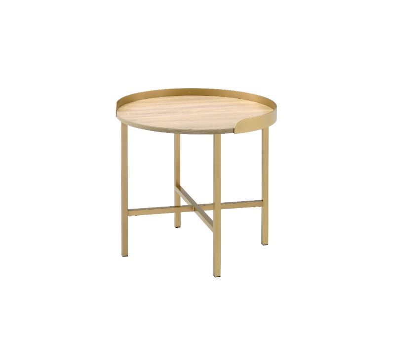 ACME Mithea - End Table - Oak Table Top & Gold Finish | Meri Furniture