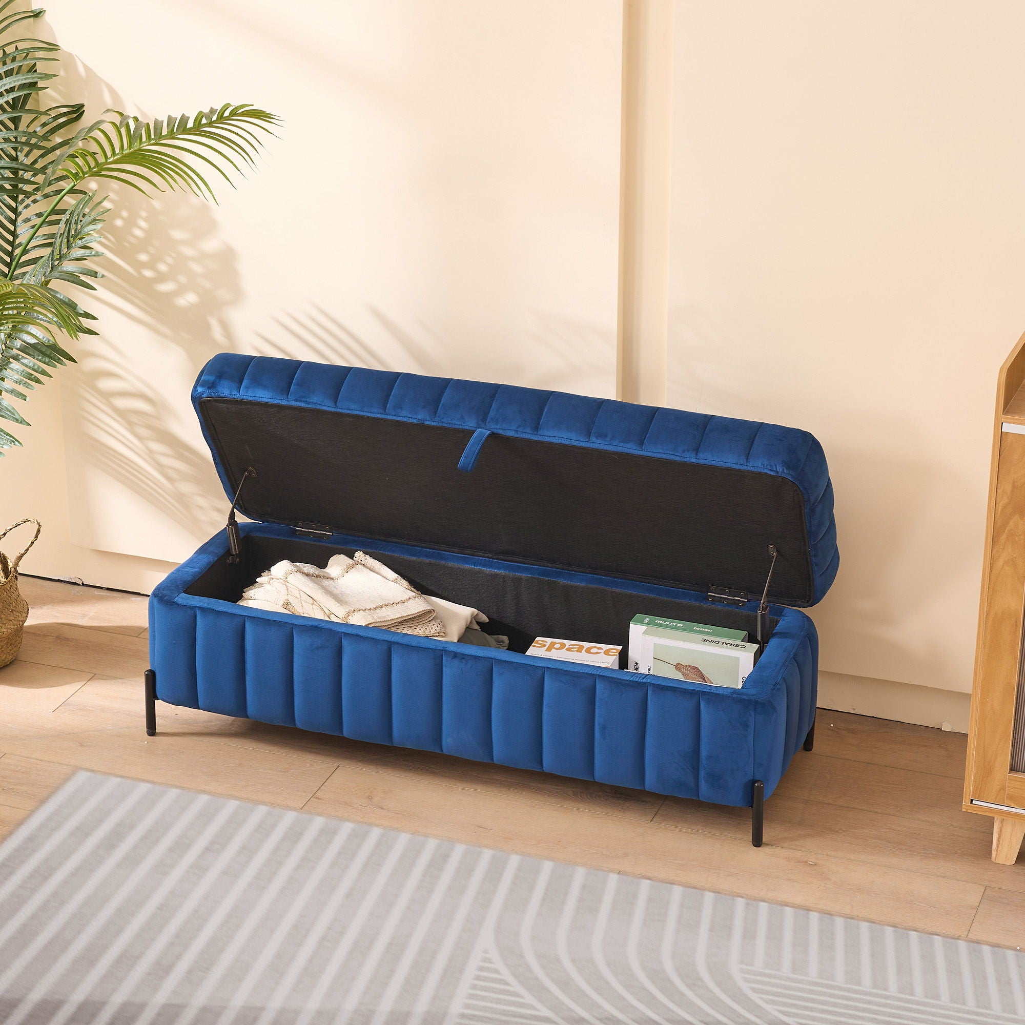 Wide Upholstered Velvet Storage Soft Bench Ottoman With Metal Legs