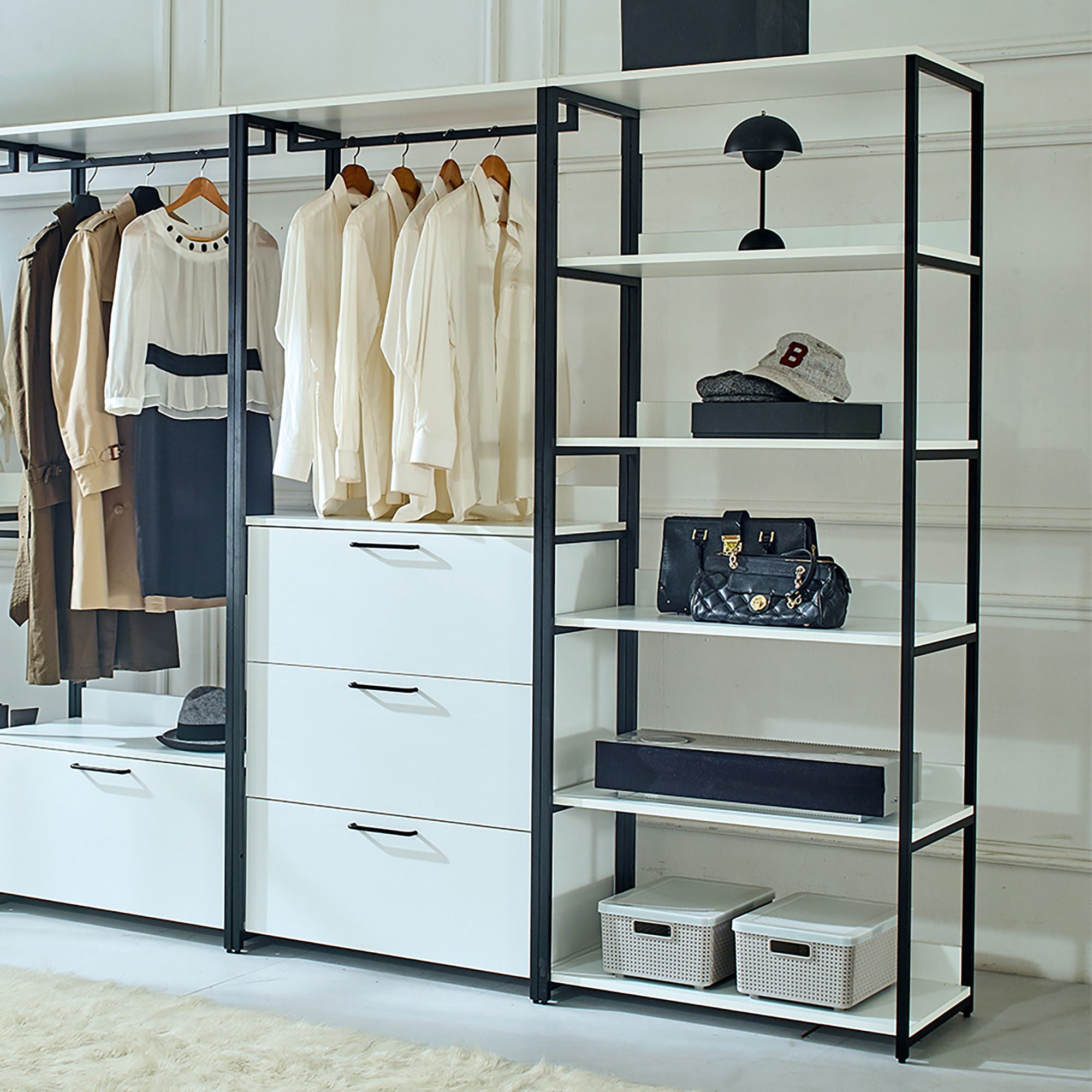 Fiona - Freestanding Walk In Wood Closet System & Metal Frame Durable Storage Solution Melamine - White