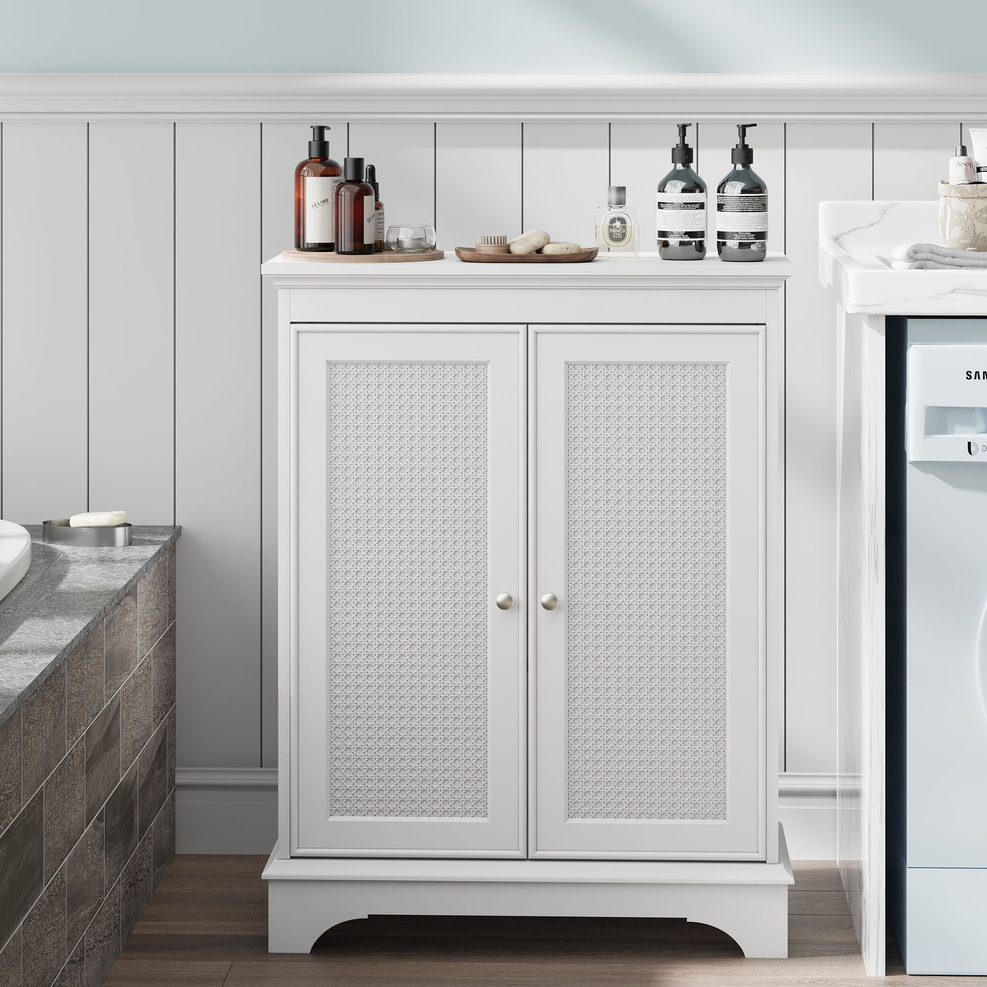 White 2 Door Rattan Storage Cabinet With Adjustable Partition, Medieval Modern Independent Buffet Cabinet, Multifunctional Decorative Cabinet Suitable For Living Room, Kitchen, Bathroom - White