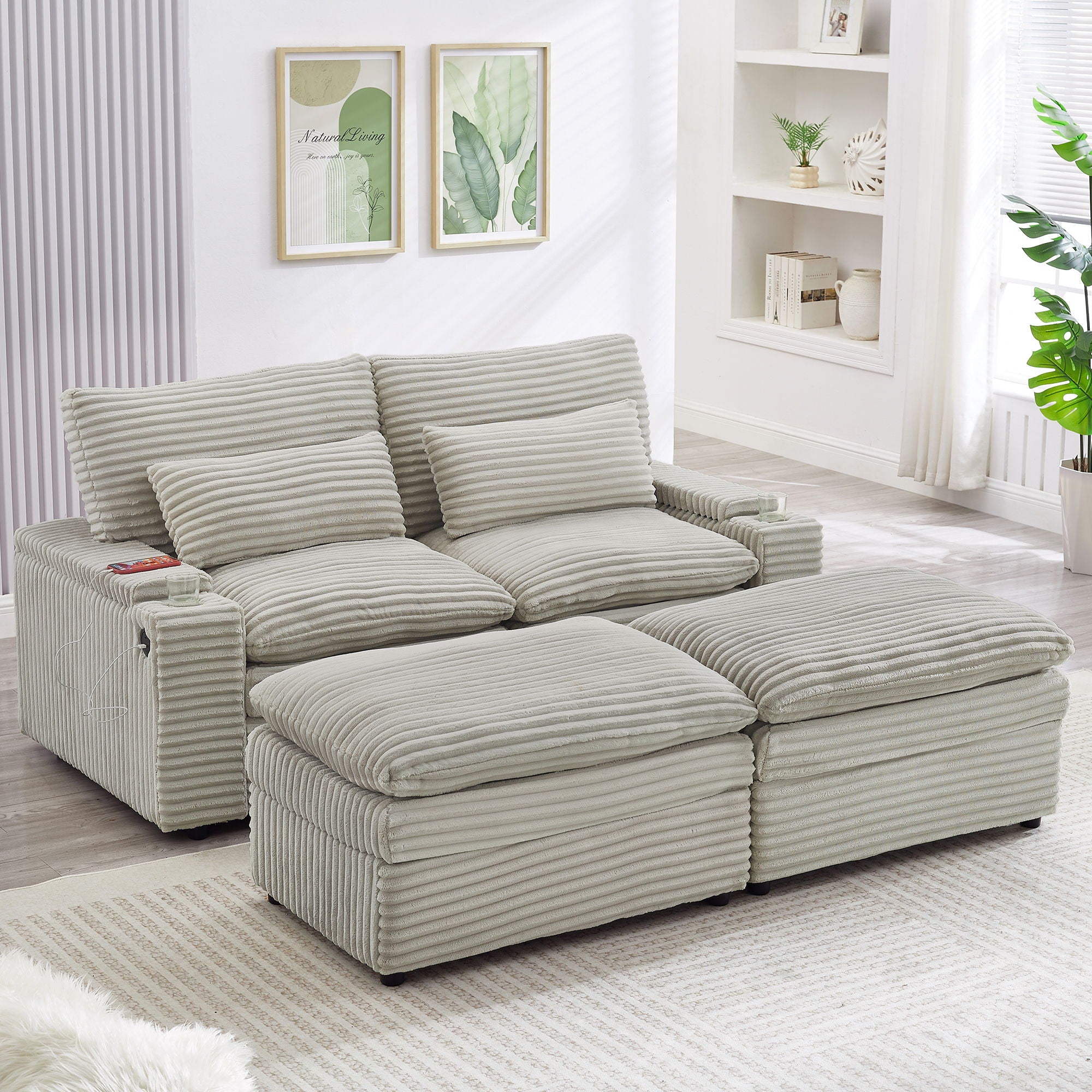 Loveseat Sofa Sectional Convertible With Storage And USB Ports - Gray