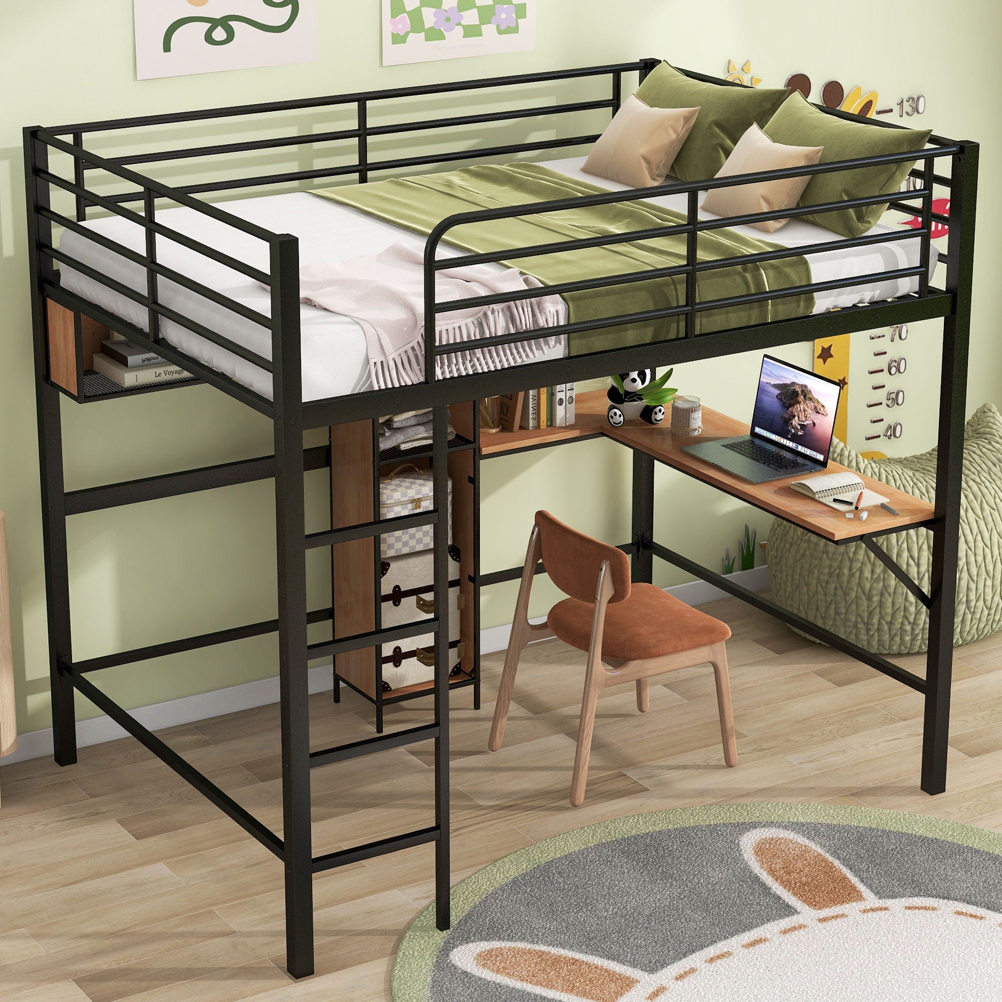 Full Size & Loft Bed With L-Shaped Desk And Shelves - Black