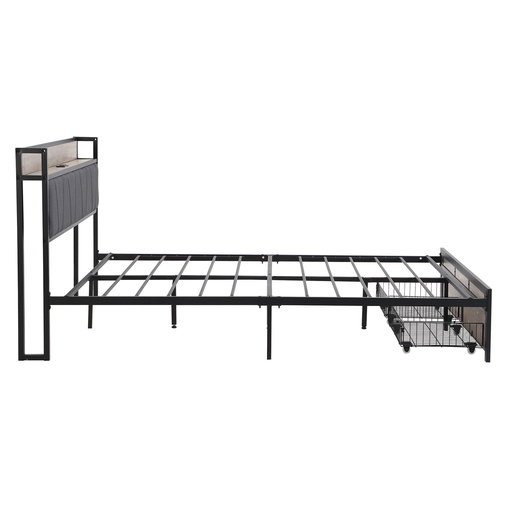 Modern Platform Bed Frame With Upholstered Storage Headboard, USB Ports