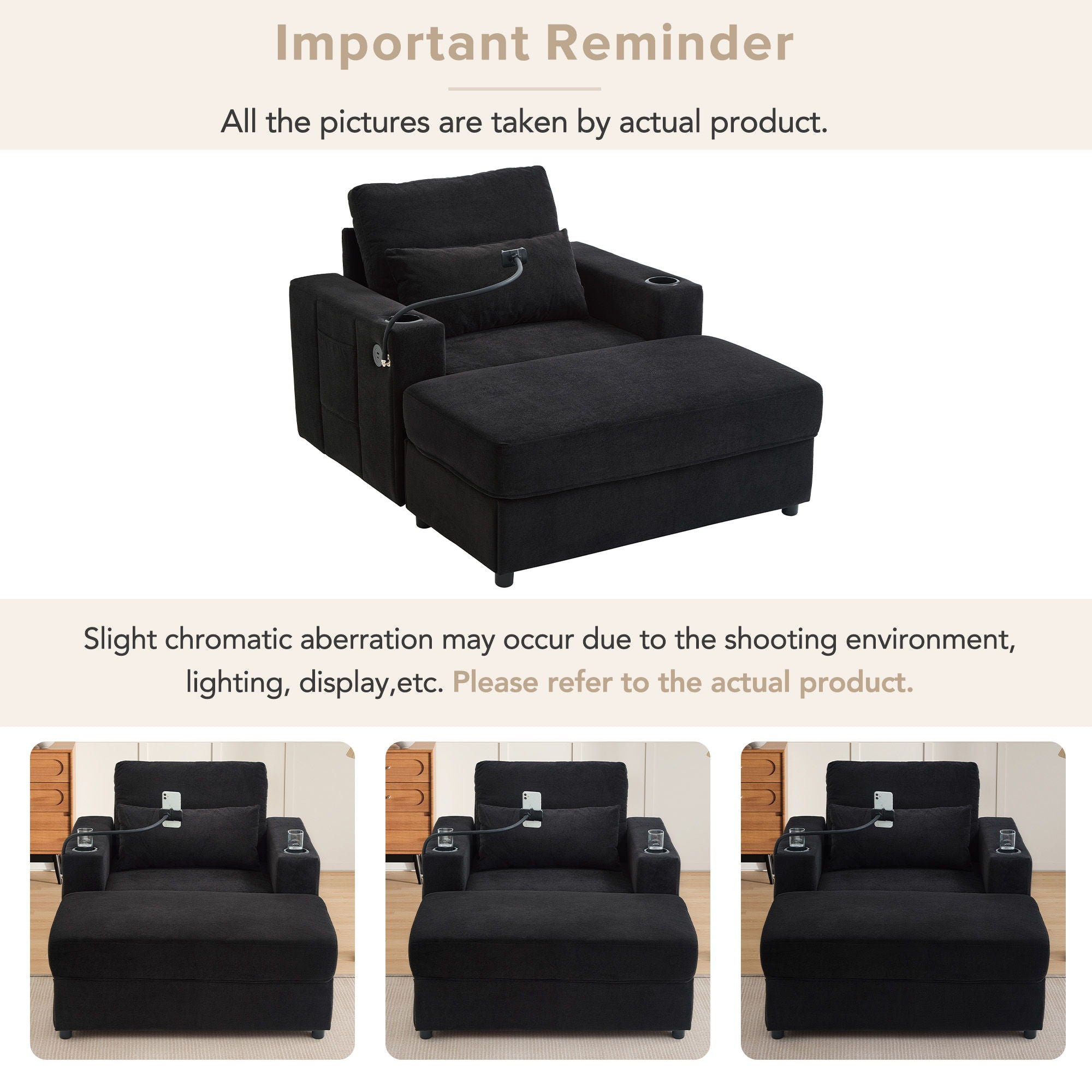 Modern Style Armchair Chaise Lounge Sofa Couch With Movable Storage Ottoman, USB Ports, Cup Holders, Phone Holder, Side Pockets