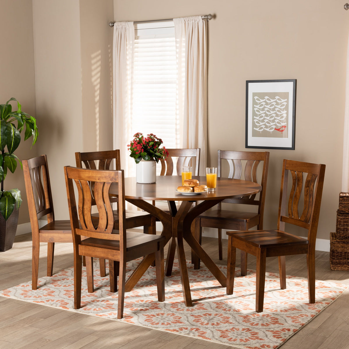 Mare Modern and Contemporary Transitional Walnut Brown Finished Wood 7-Piece Dining Set