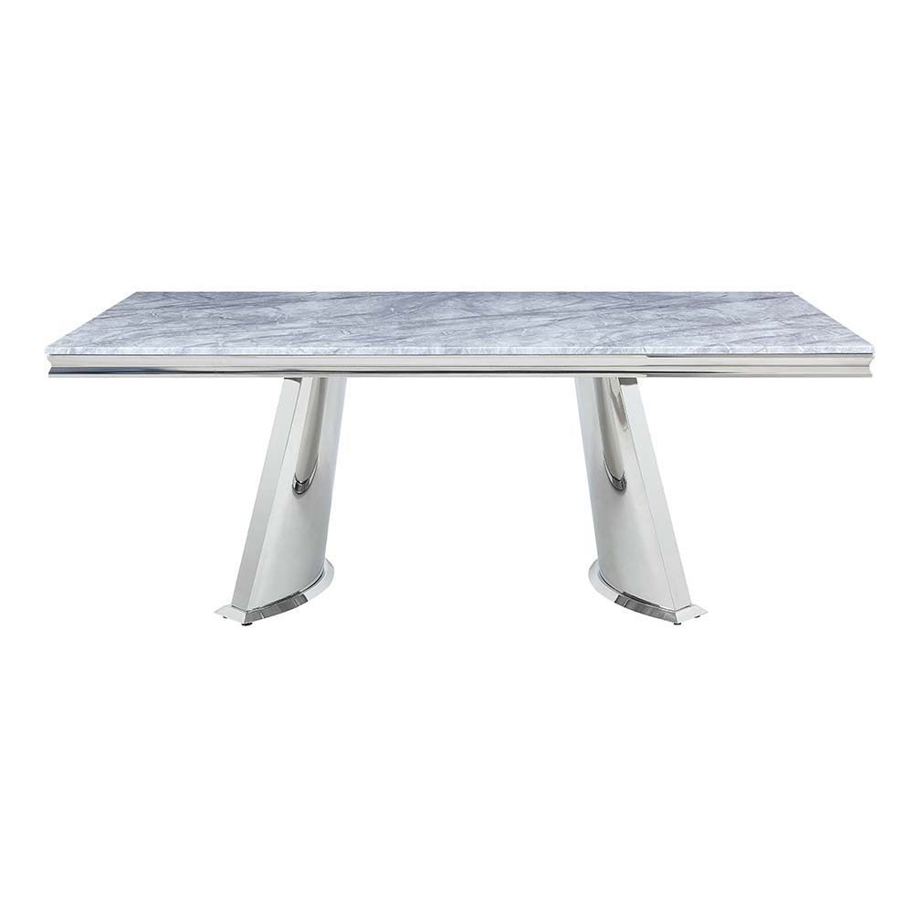 ACME Destry Dining Table - Faux Marble Top & Mirrored Silver Finish | Meri Furniture