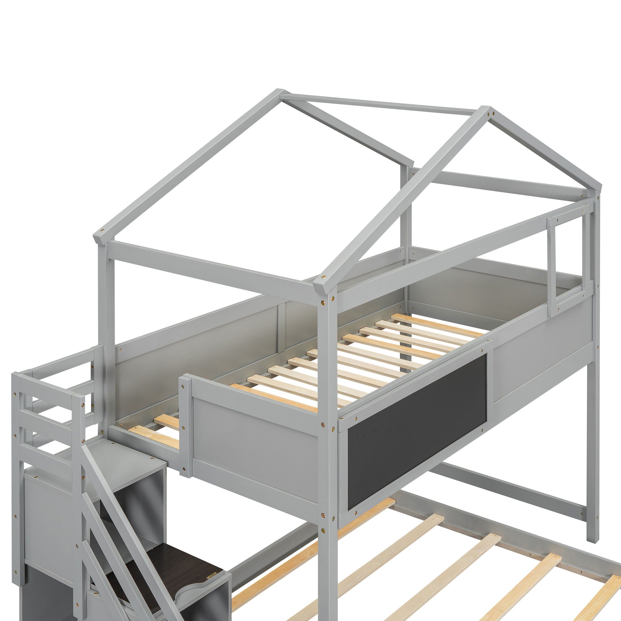 House Style Bunk Bed With Storage Staircase And Blackboard