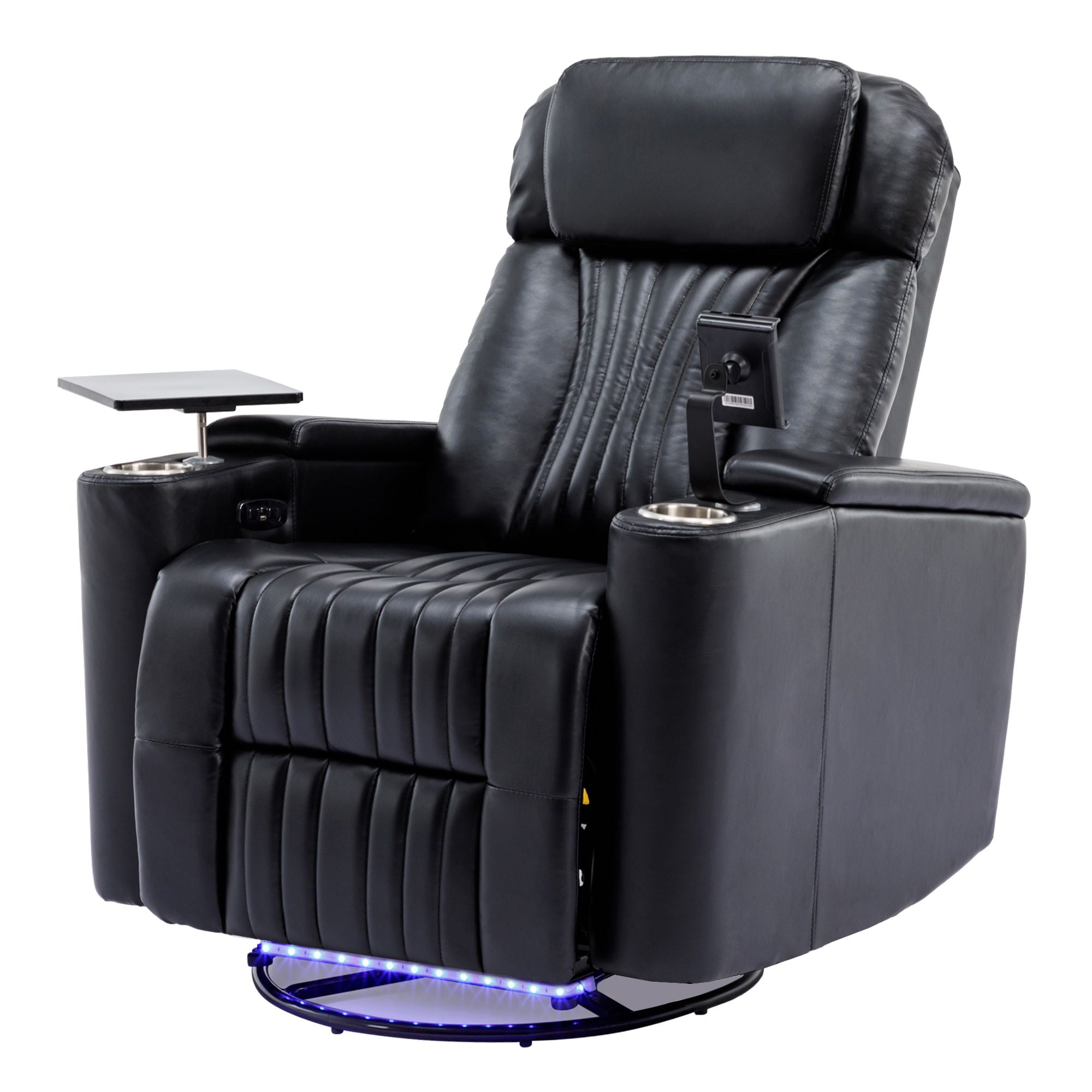 270° Power Swivel Recliner Home Theater Chair With Hidden Arm Storage, LED Light, Cup Holder, And Tray Table