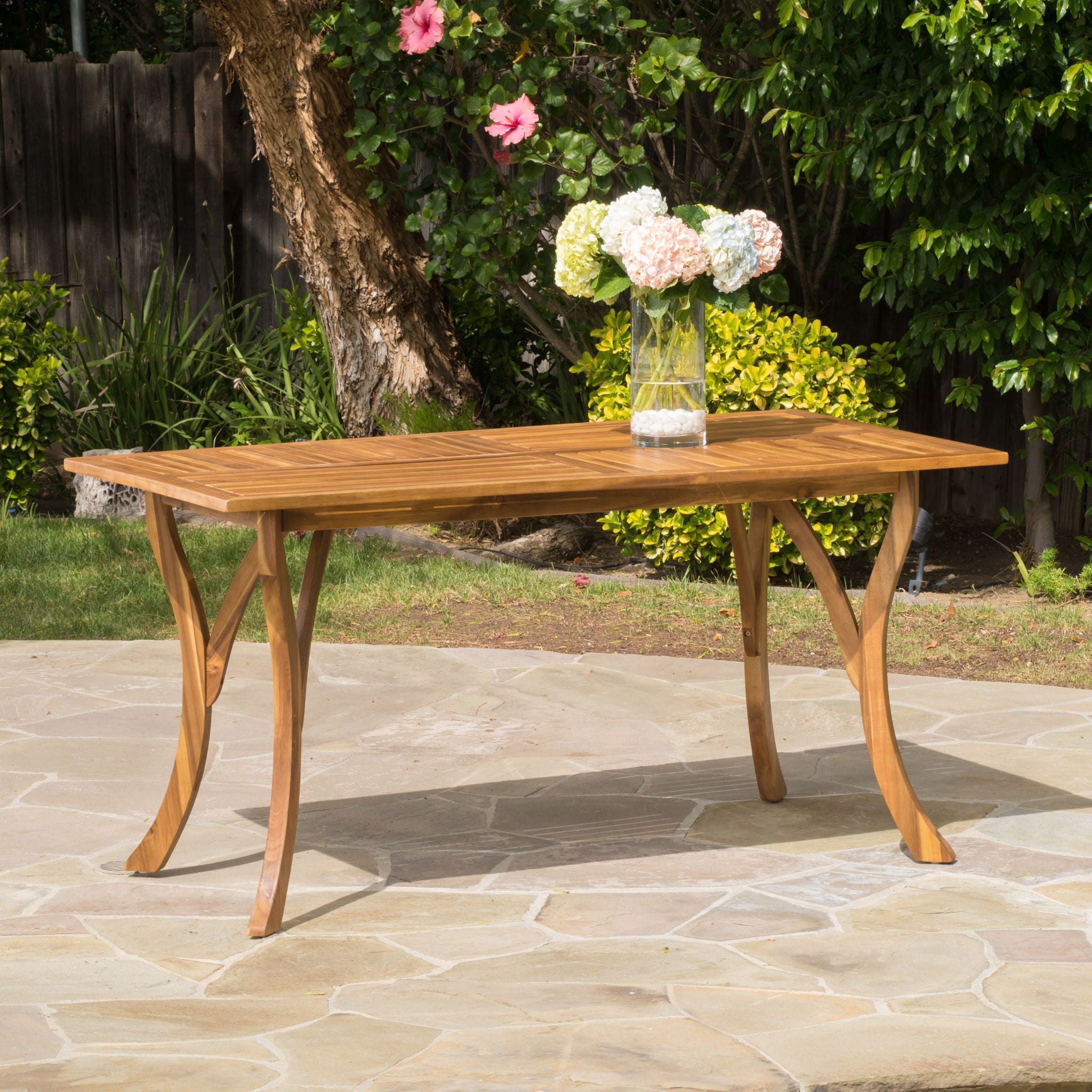 Outdoor Rectangular Table With Curved Legs And Perpendicular Wooden Slats Table Top
