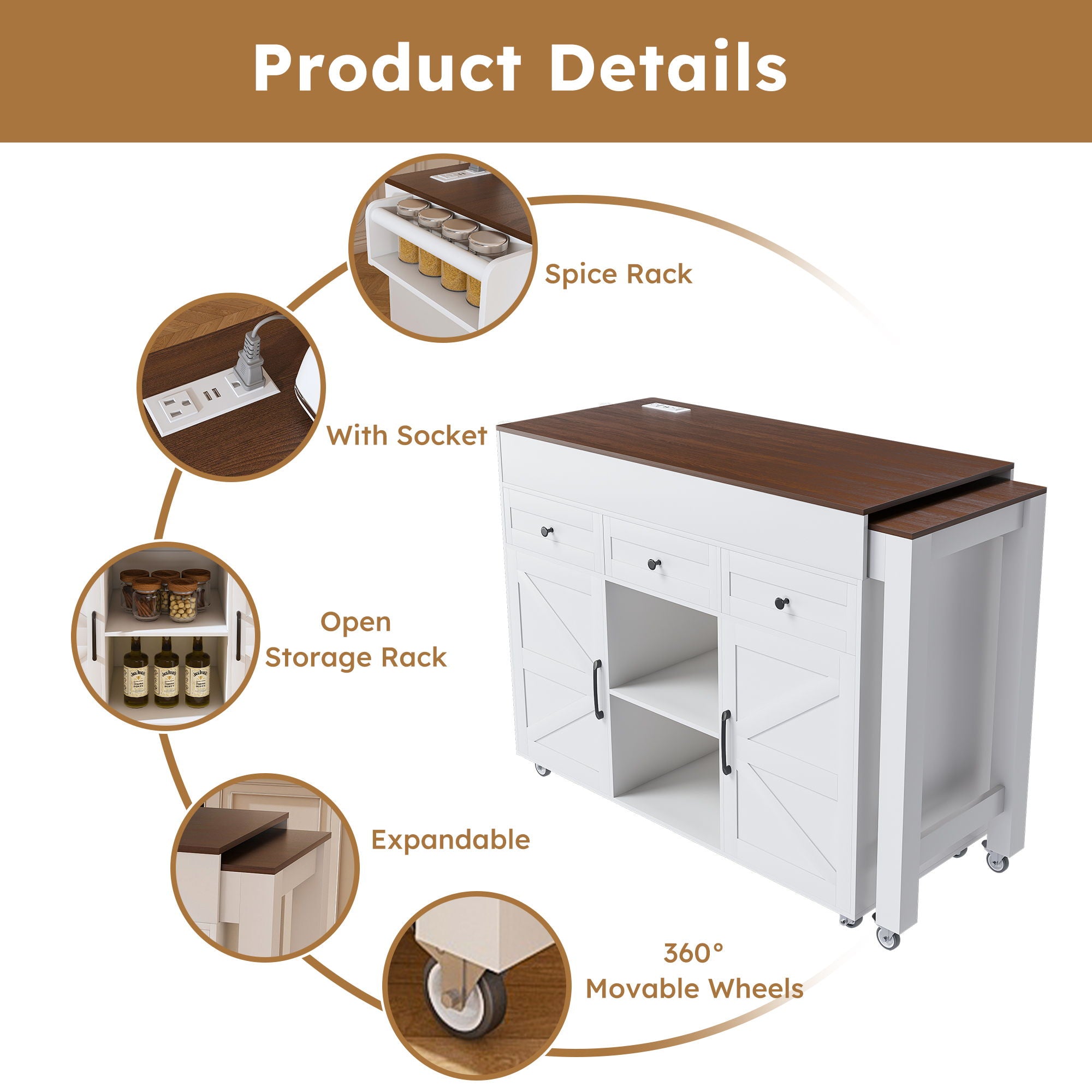 Modern Kitchen Island With Extendable Dining Table & Power Outlet - White