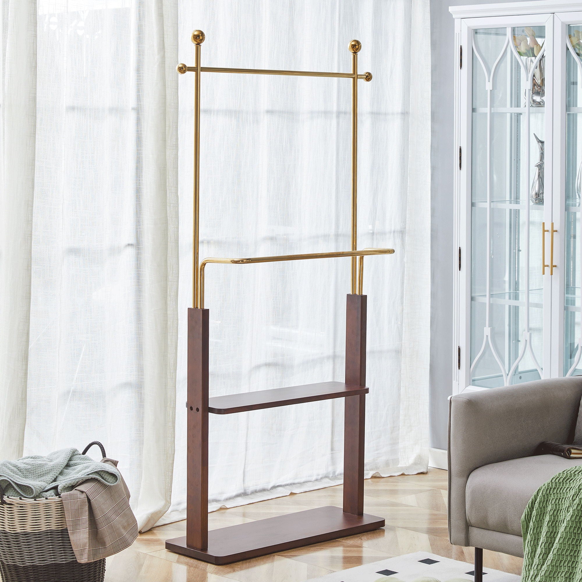 Hanger Double Layer Coat Rack With Solid Wood Partition - Gold / Walnut
