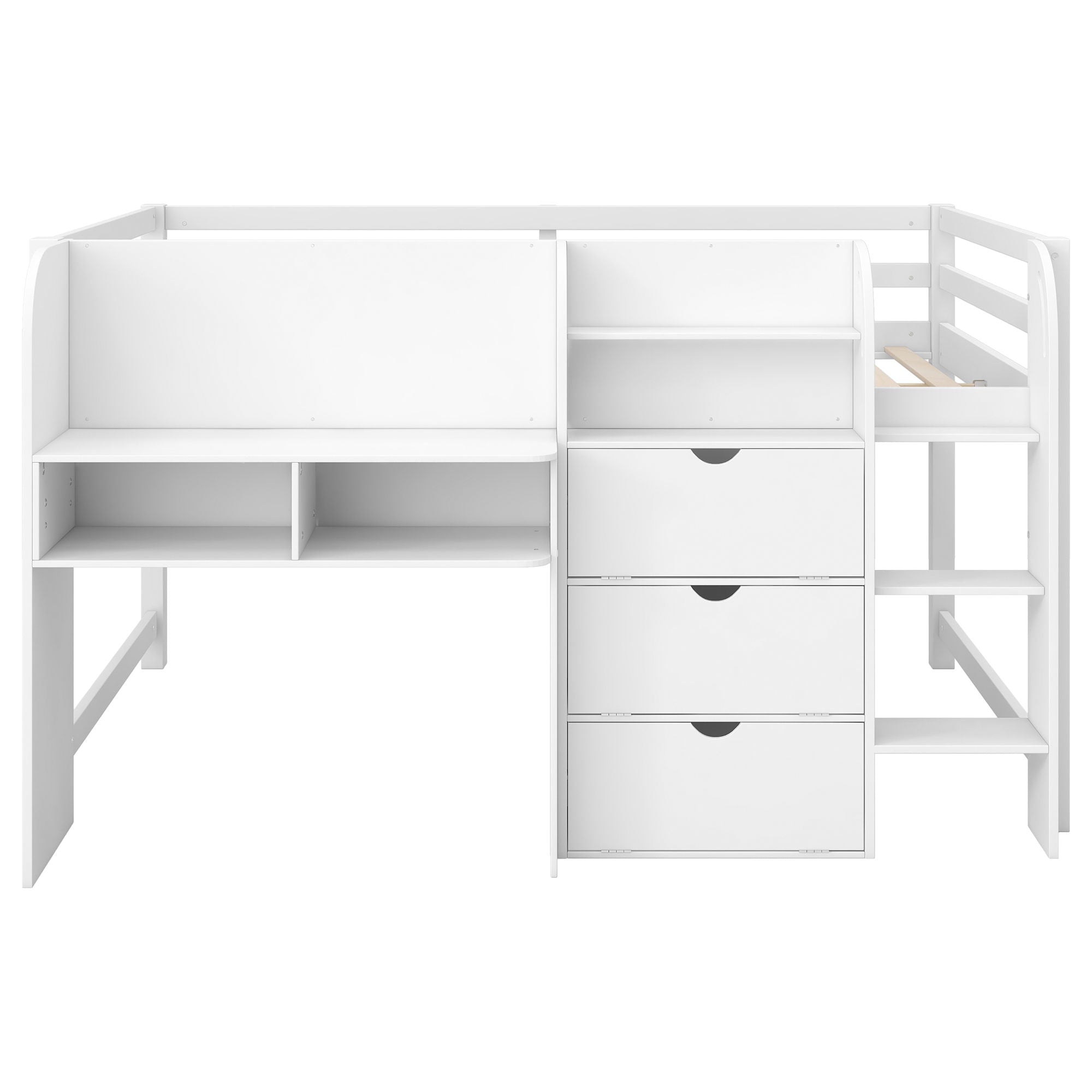 Low Loft Bed With Built In Desk, Storage Cabinets, Open Bookcase And Doodle Blackboard