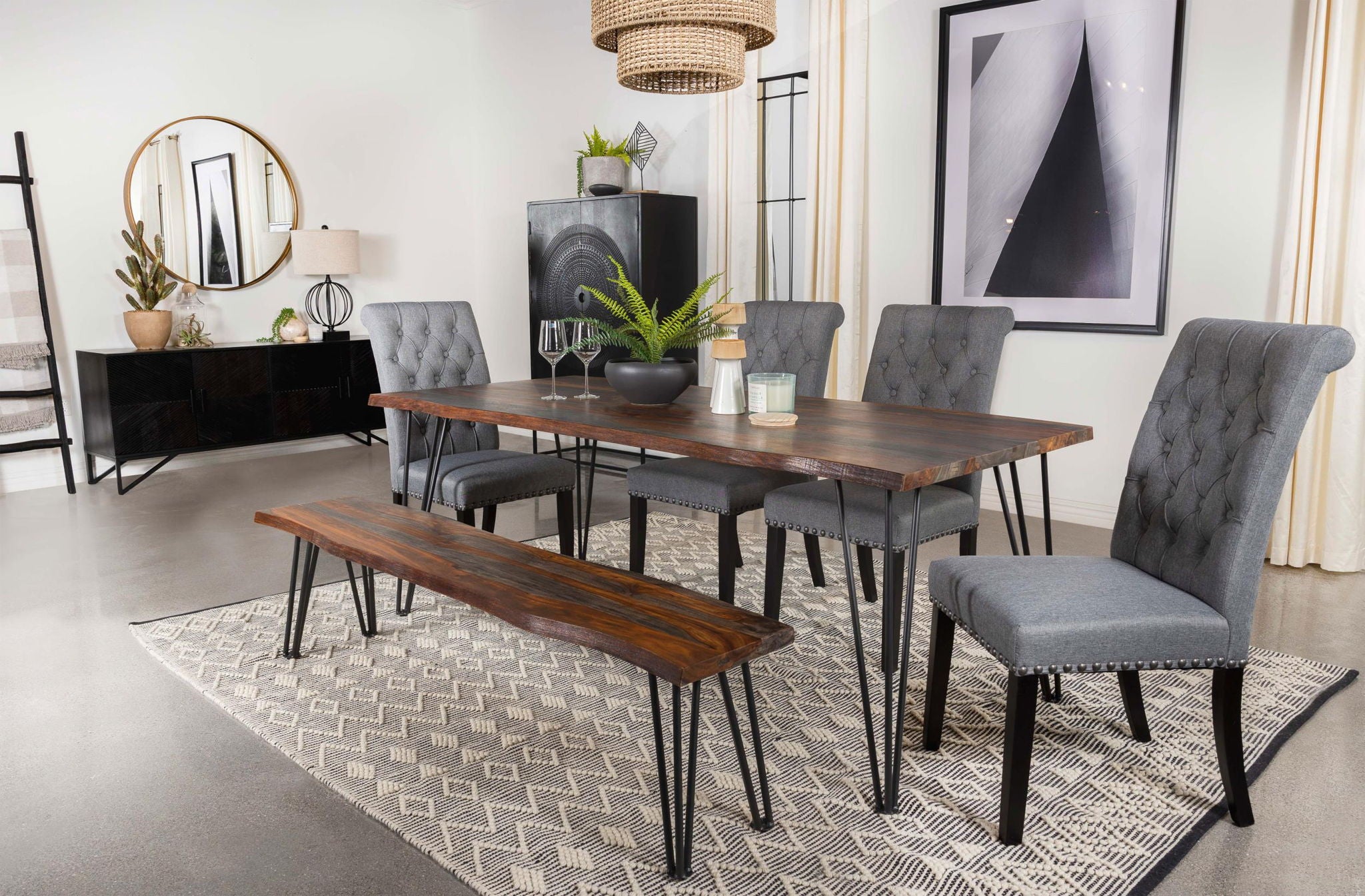 Neve Live Edge Wood Dining Bench Hairpin Legs Grey Sheesham