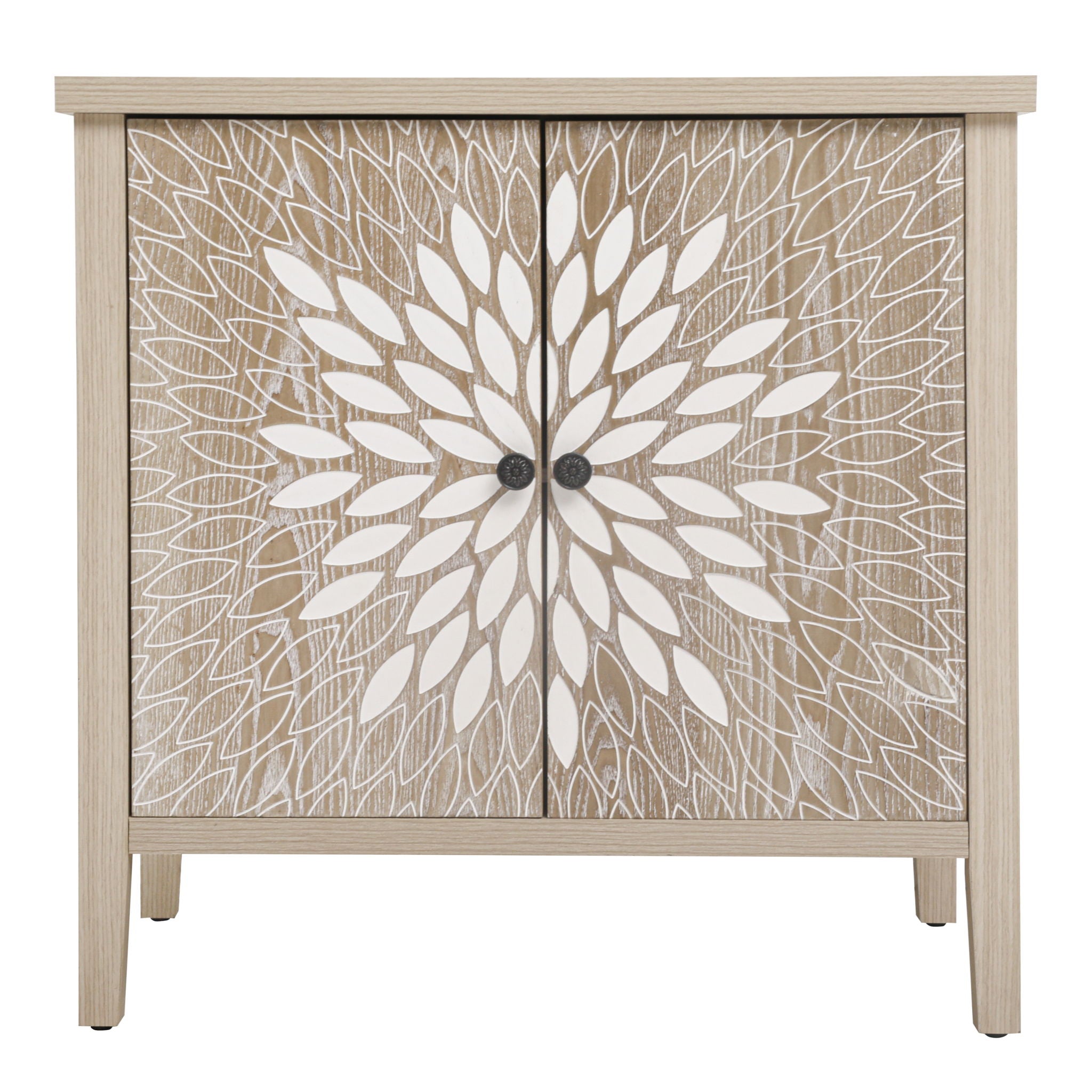 2 Door Carved Storage Cabinet With Adjustable Shelf, Accent Furniture