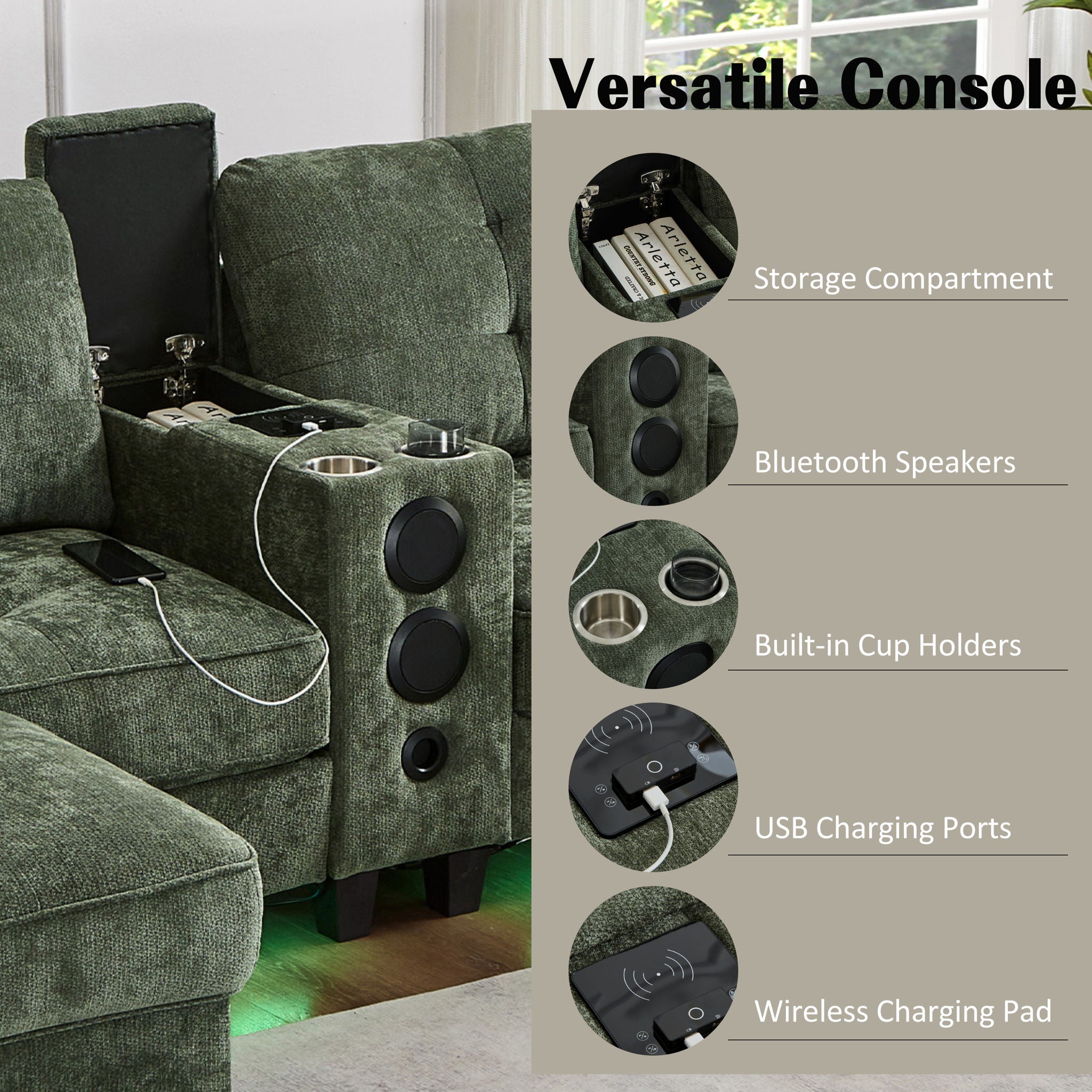 Modern Sectional Sofa U-Shaped With Movable Ottomans, tooth Speakers, LED Lights And Modular Storage