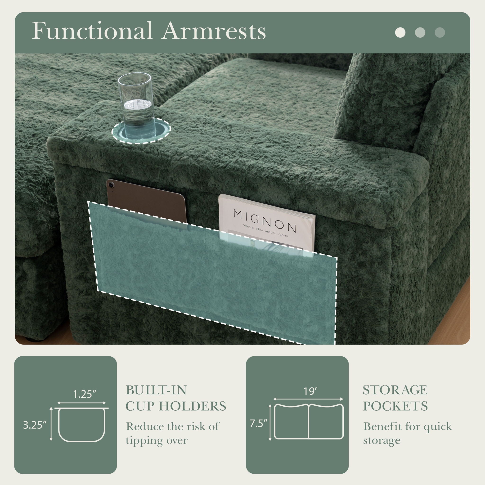 Oversized Chaise Lounge Indoor Rabbit Fur Sofa Bed With Storage Ottoman And Armrests Cup Holders With Deep Seat