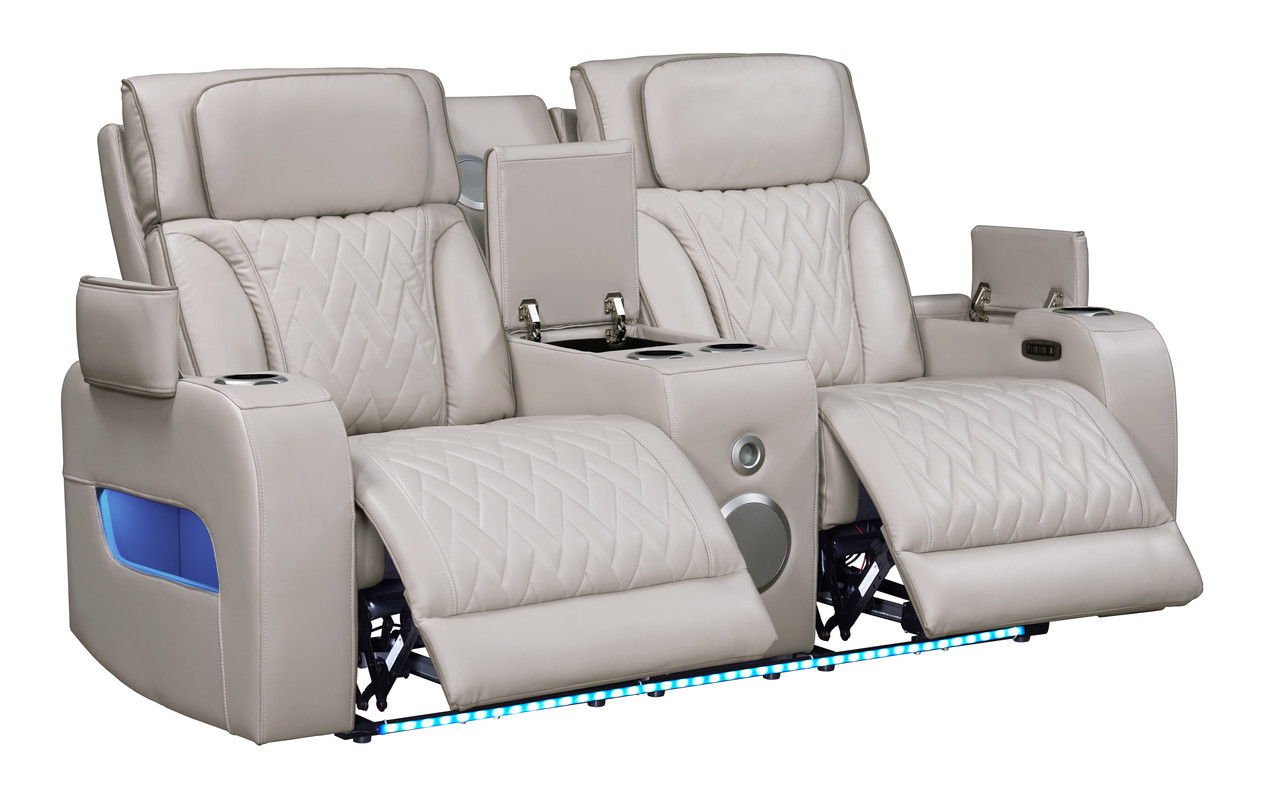 Jazz Ice Leather Aire Transformer Power Reclining Sofa & Loveseat Living Room Set with Power Headrest, Bluetooth Speakers, LED Lights, Wireless Charging Drop-Down Table, USB & USB-C Ports, Storage & Cupholders