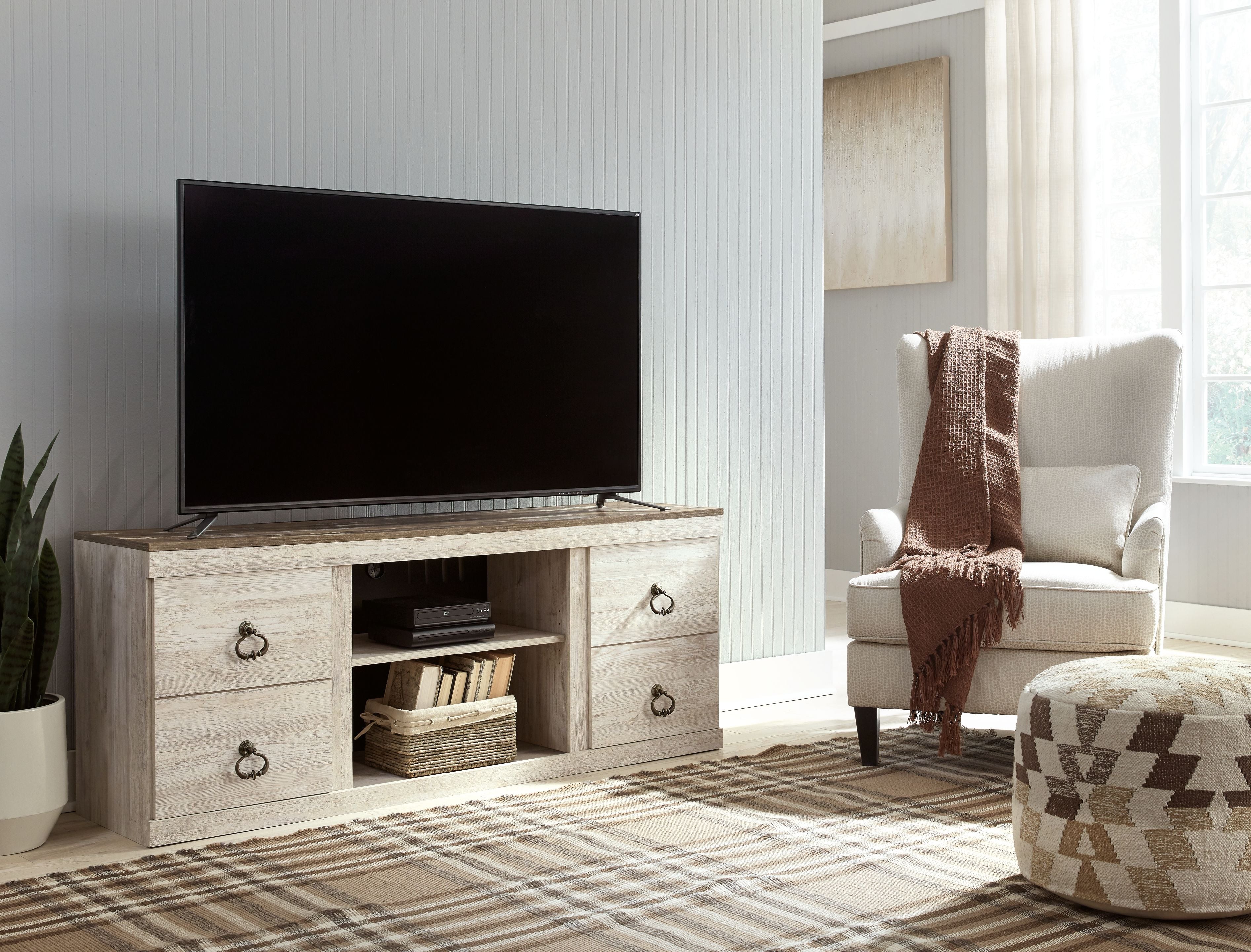 Signature Design by Ashley® Willowton - Whitewash - 2 Pc. - TV Stand With Faux Firebrick Fireplace Insert | Meri Furniture