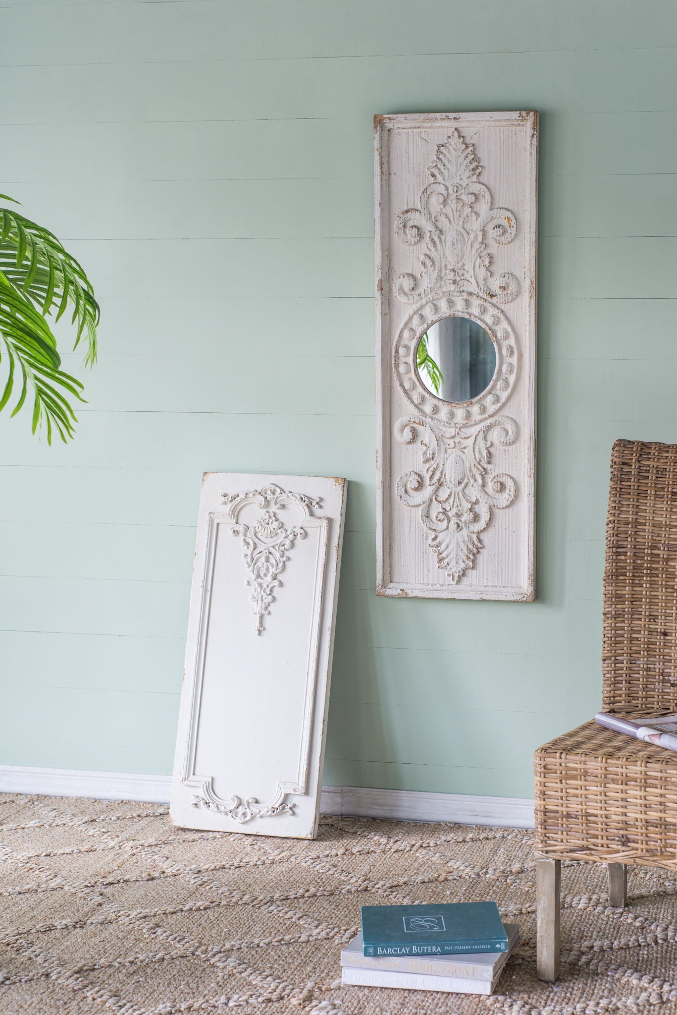 Large Wooden Wall Art Panels With Distressed Round Mirror Accents (Set of 2) - White