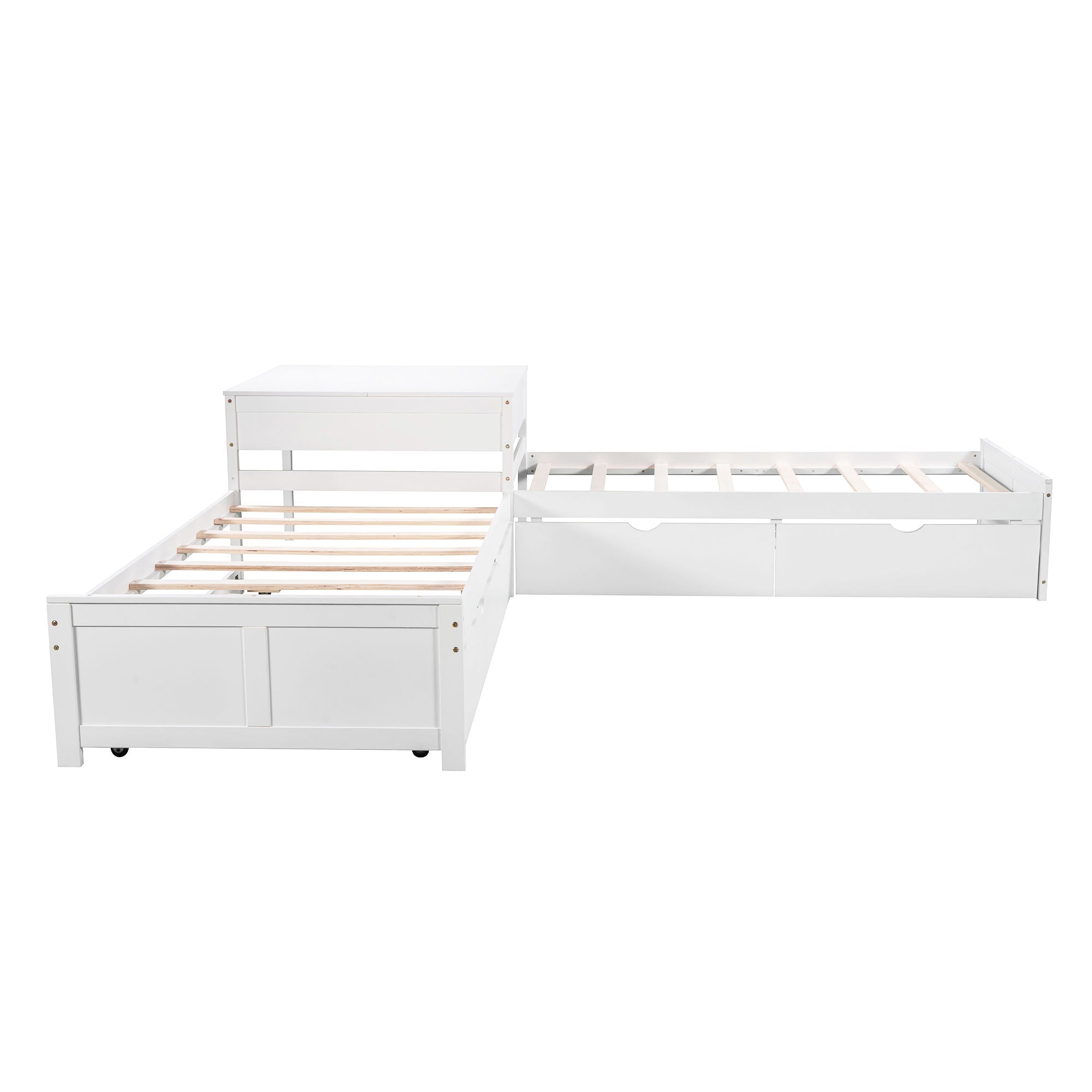 L Shaped Platform Bed With Trundle And Drawers Linked With Built In Desk