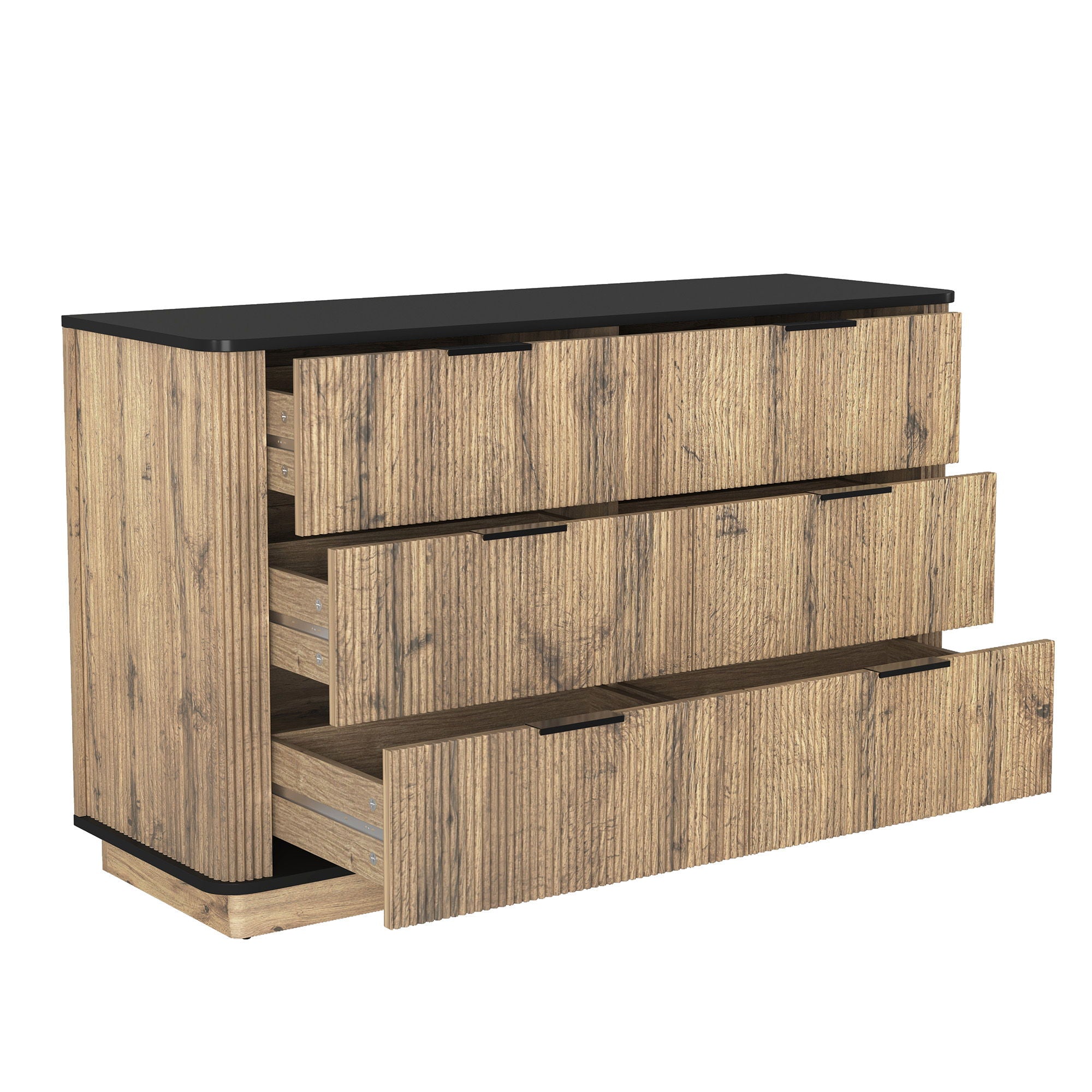 Modern 6 Drawer Cabinet With Metal Rounded Corners And Exquisite Handles Multi Functional Storage - Natural Wood