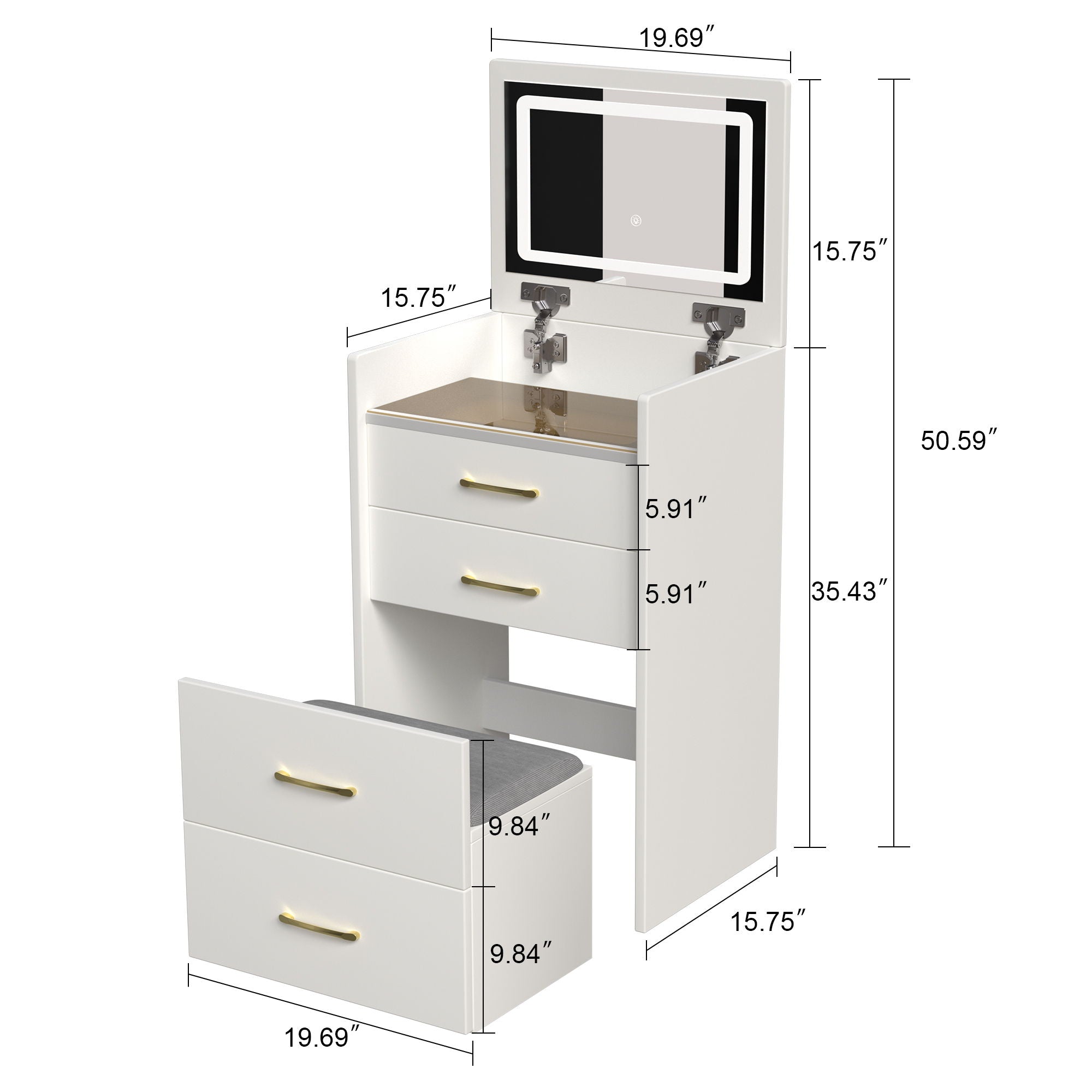 Compact 3 In 1 Vanity Desk With Open Top Mirror, Glass Desktop, 5 Height - White